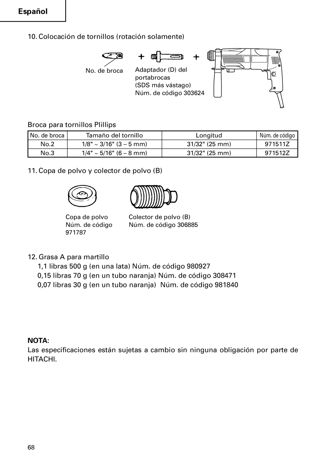 Hitachi Koki USA DH 24PC instruction manual Colocación de tornillos rotación solamente, Broca para tornillos Plillips 