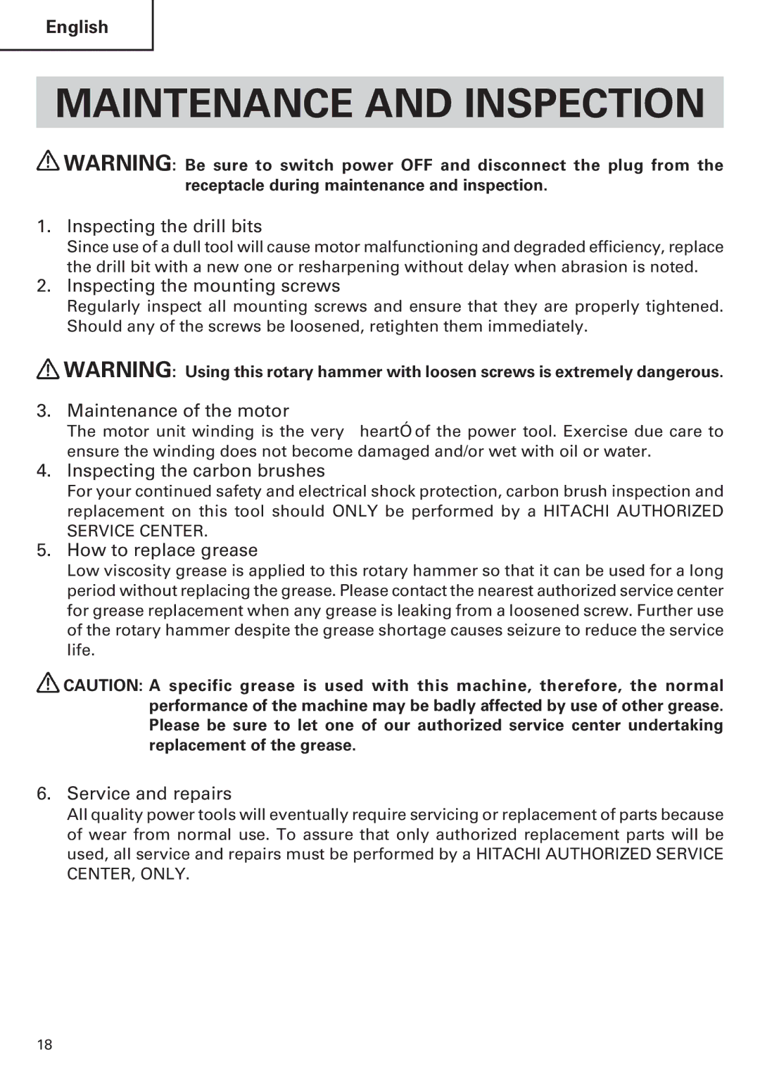 Hitachi Koki USA DH 24PE instruction manual Maintenance and Inspection 