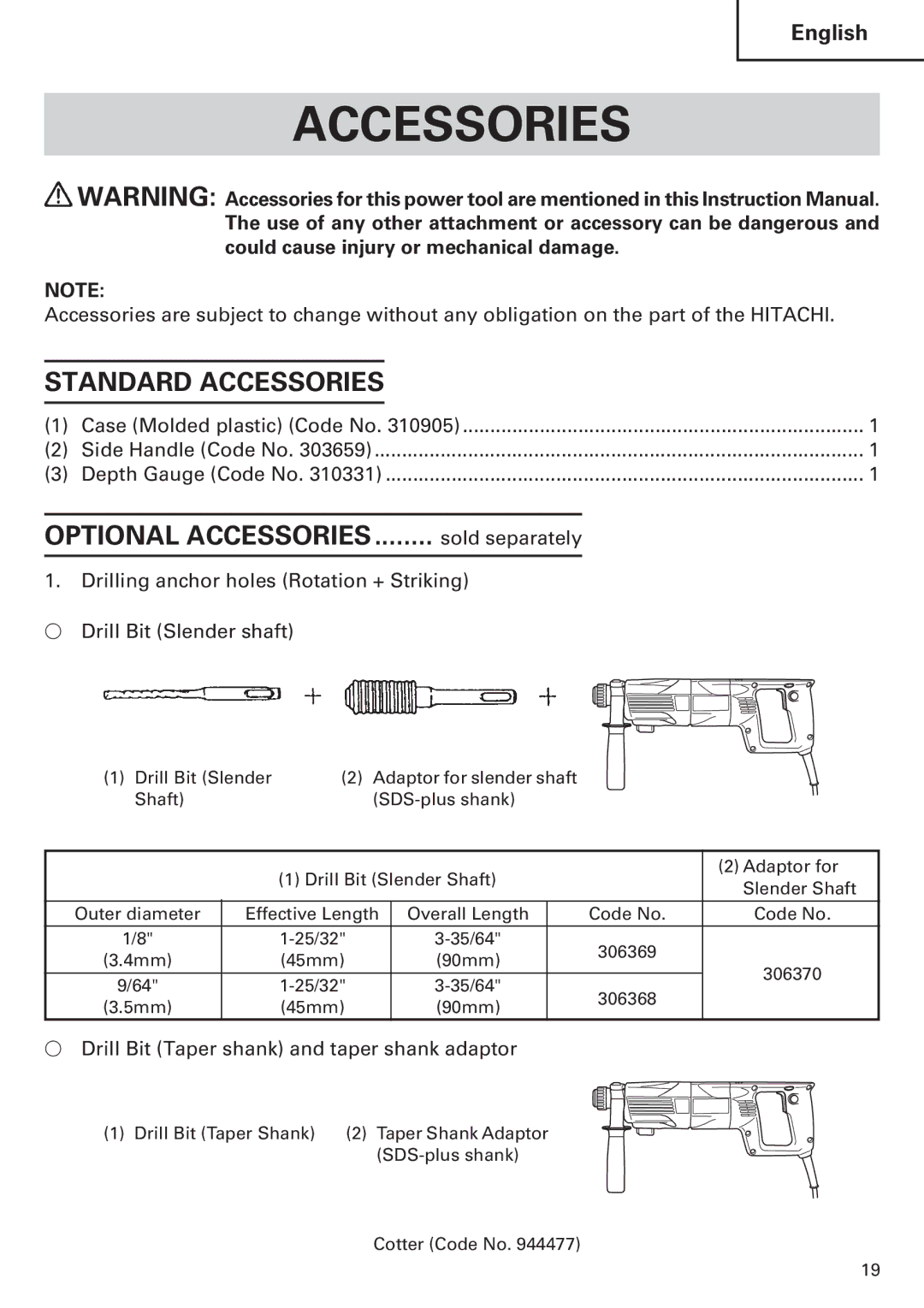 Hitachi Koki USA DH 24PE Standard Accessories, Optional Accessories, Drill Bit Taper shank and taper shank adaptor 