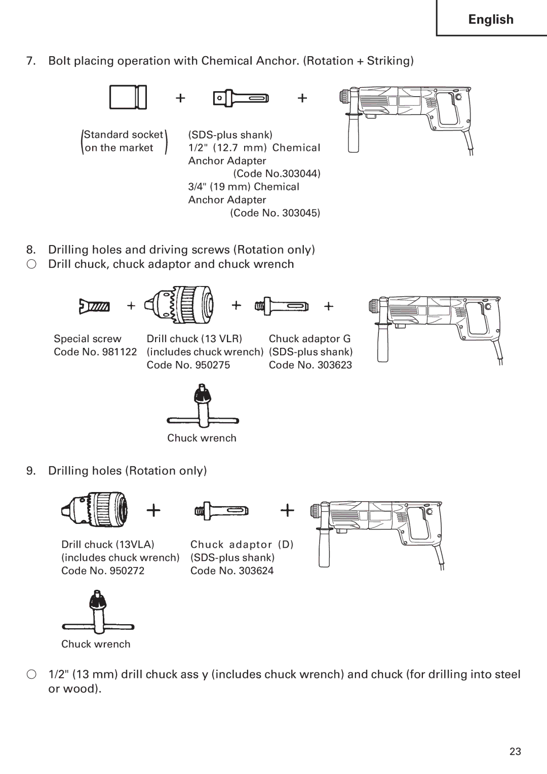 Hitachi Koki USA DH 24PE instruction manual Drilling holes Rotation only 