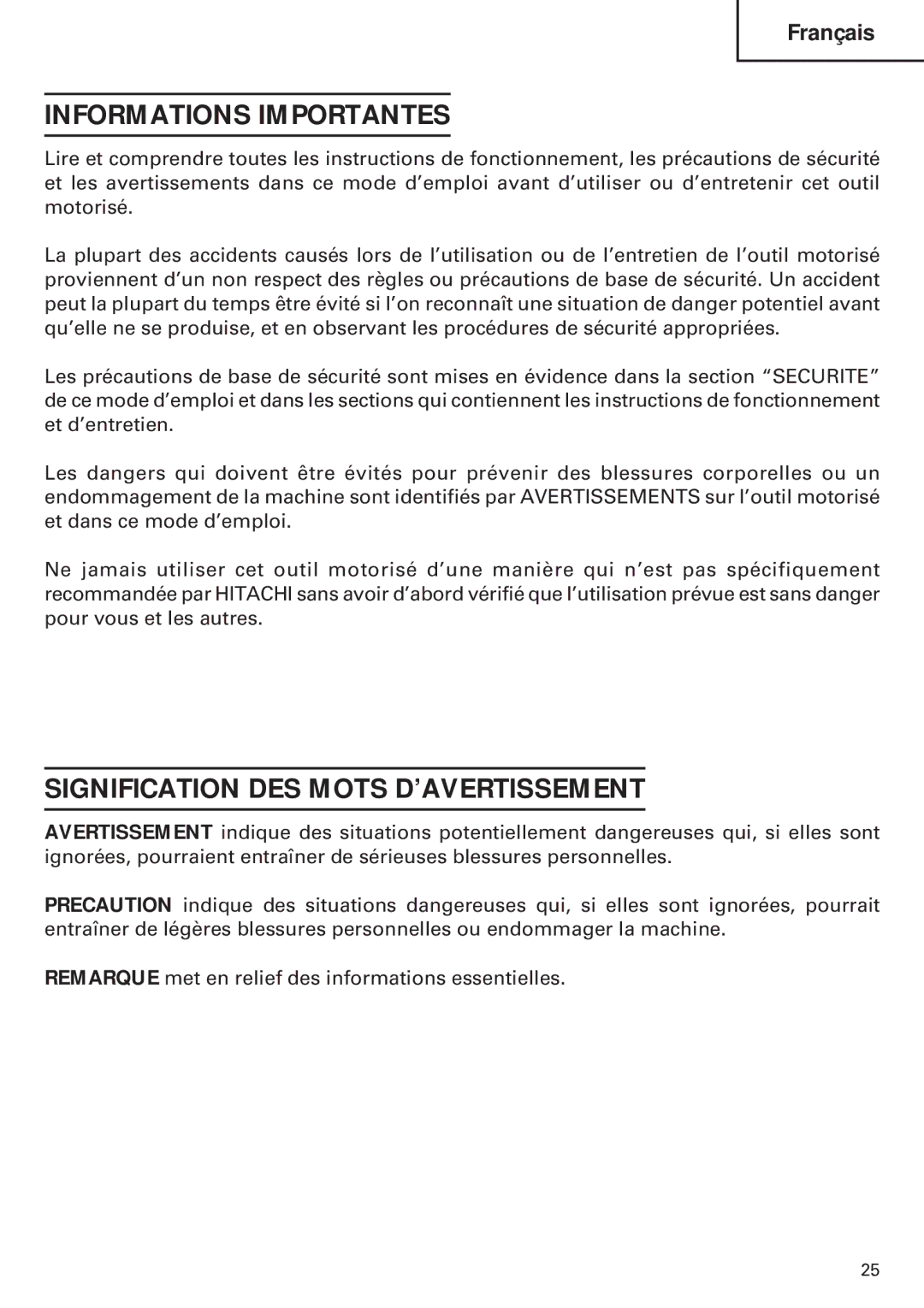 Hitachi Koki USA DH 24PE instruction manual Informations Importantes, Signification DES Mots D’AVERTISSEMENT 