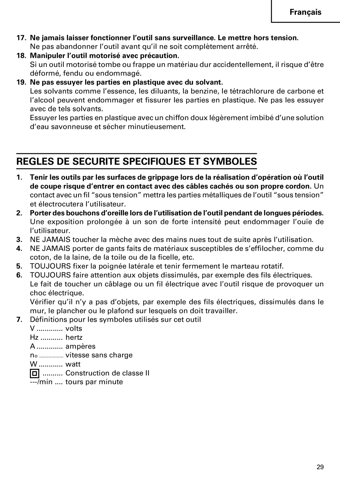 Hitachi Koki USA DH 24PE Regles DE Securite Specifiques ET Symboles, Watt Construction de classe Min .... tours par minute 