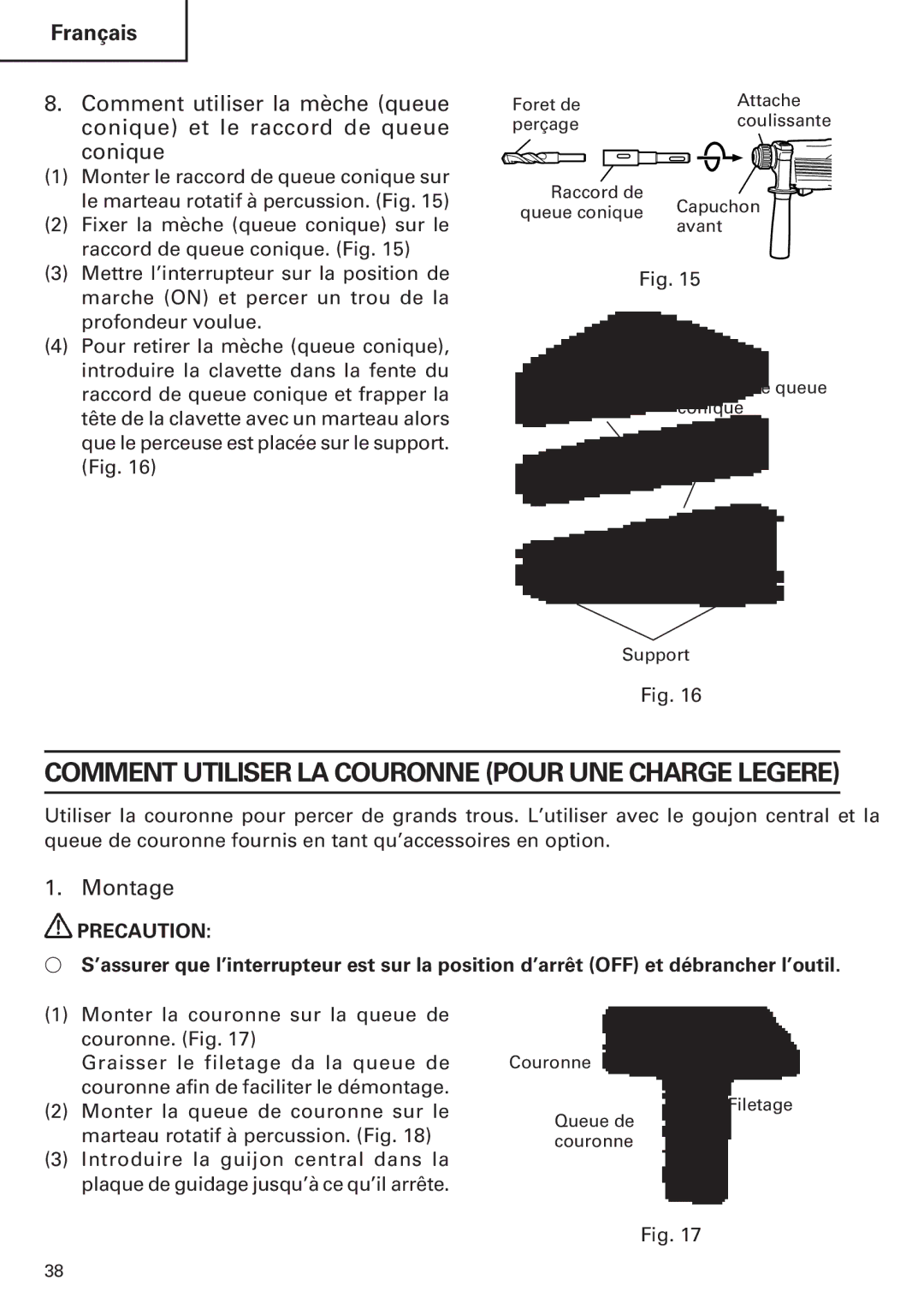 Hitachi Koki USA DH 24PE instruction manual Comment Utiliser LA Couronne Pour UNE Charge Legere, Montage 