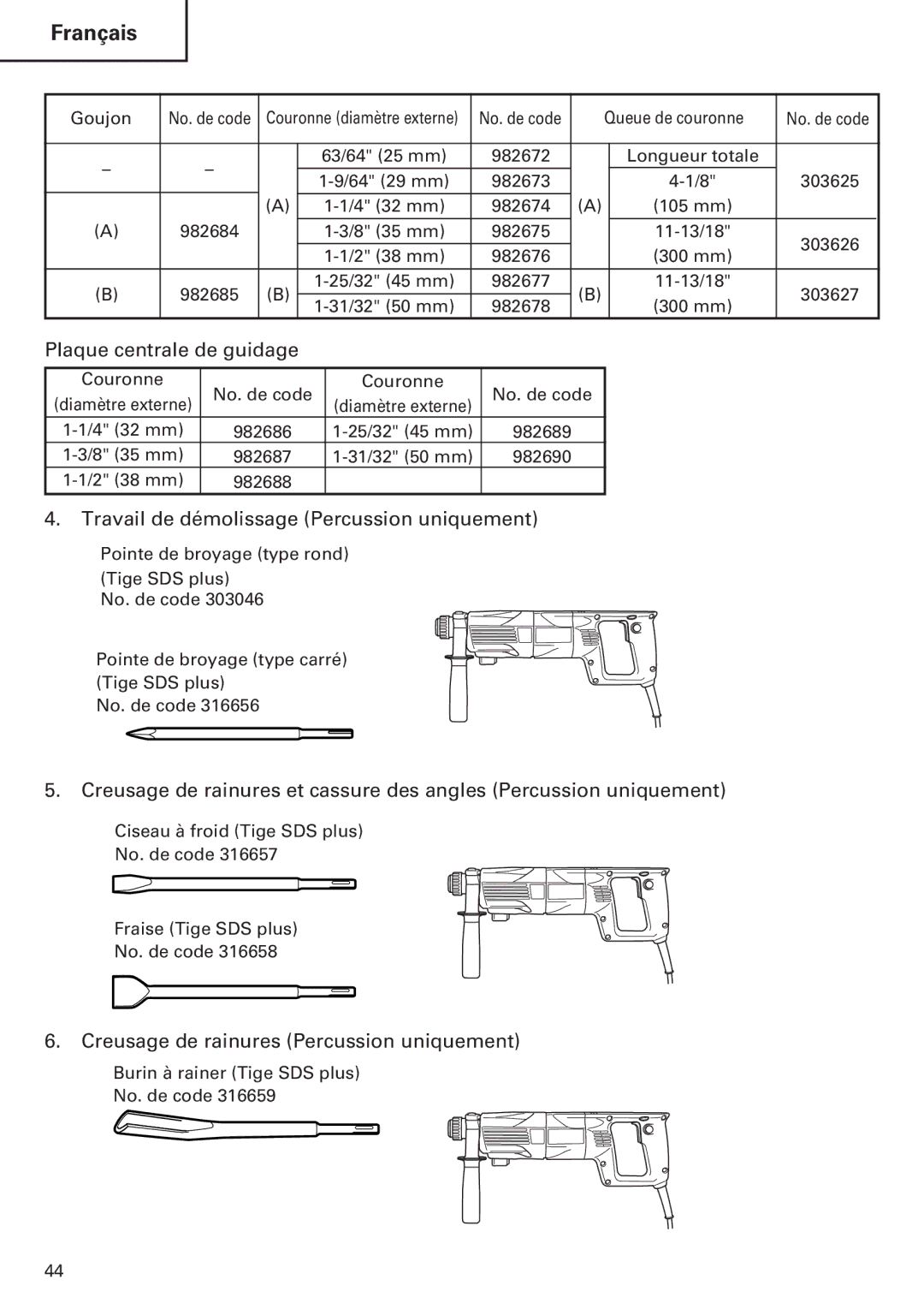 Hitachi Koki USA DH 24PE instruction manual Plaque centrale de guidage, Travail de démolissage Percussion uniquement 