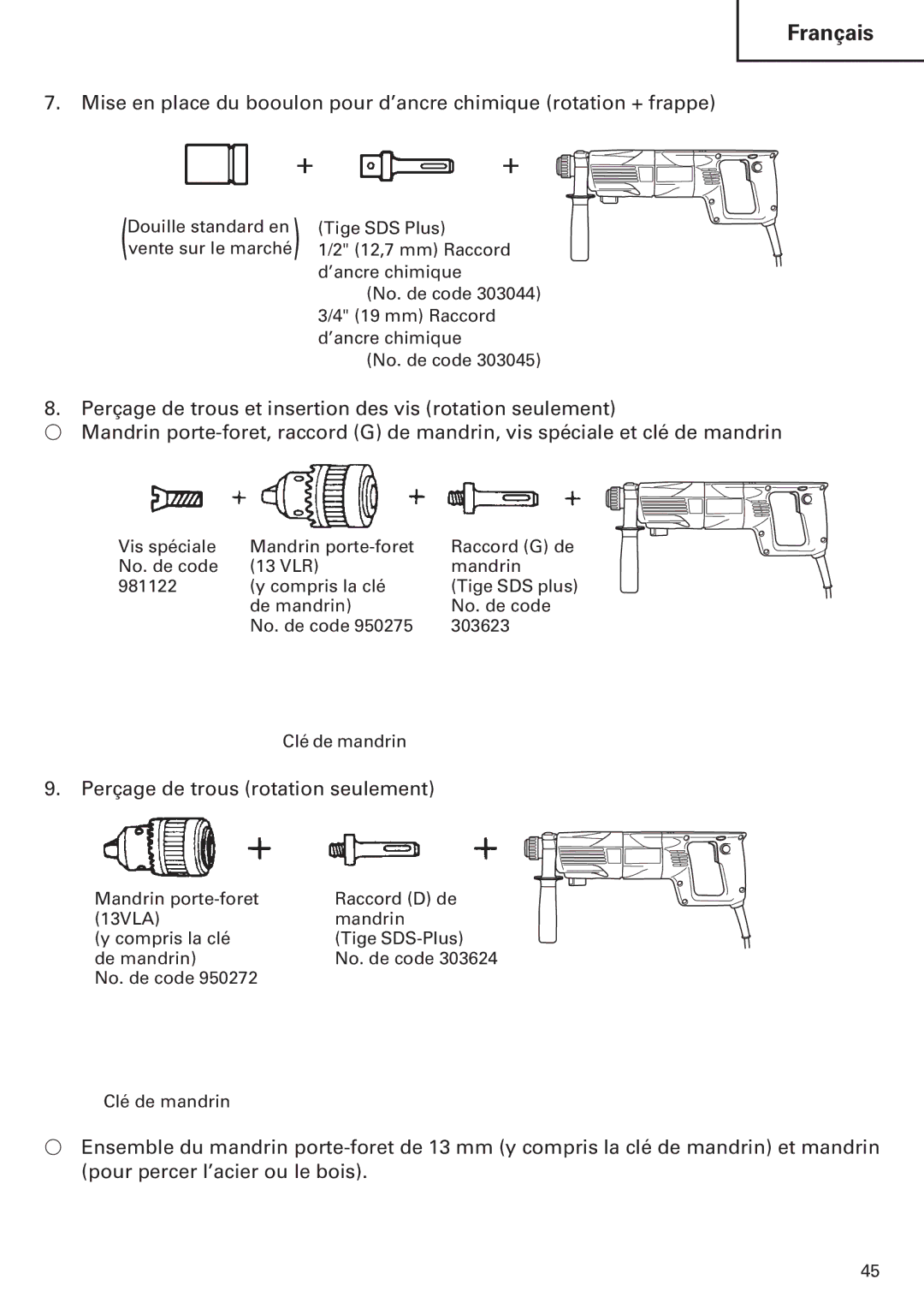 Hitachi Koki USA DH 24PE instruction manual Perçage de trous rotation seulement 