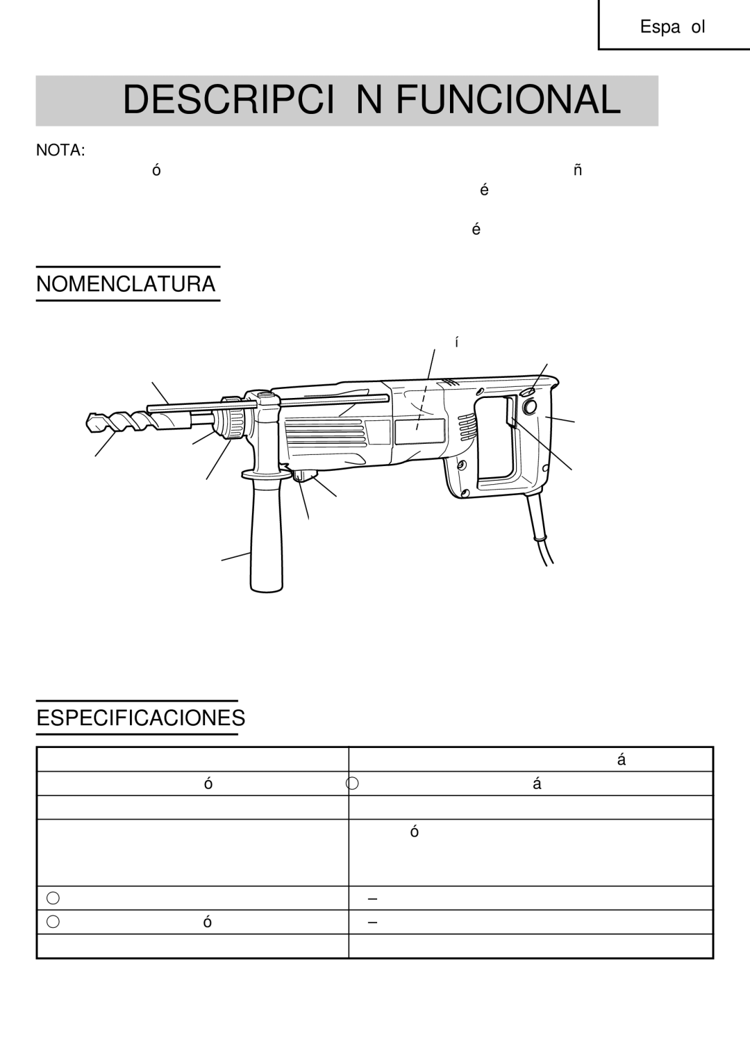 Hitachi Koki USA DH 24PE instruction manual Descripción Funcional, Nomenclatura, Especificaciones 