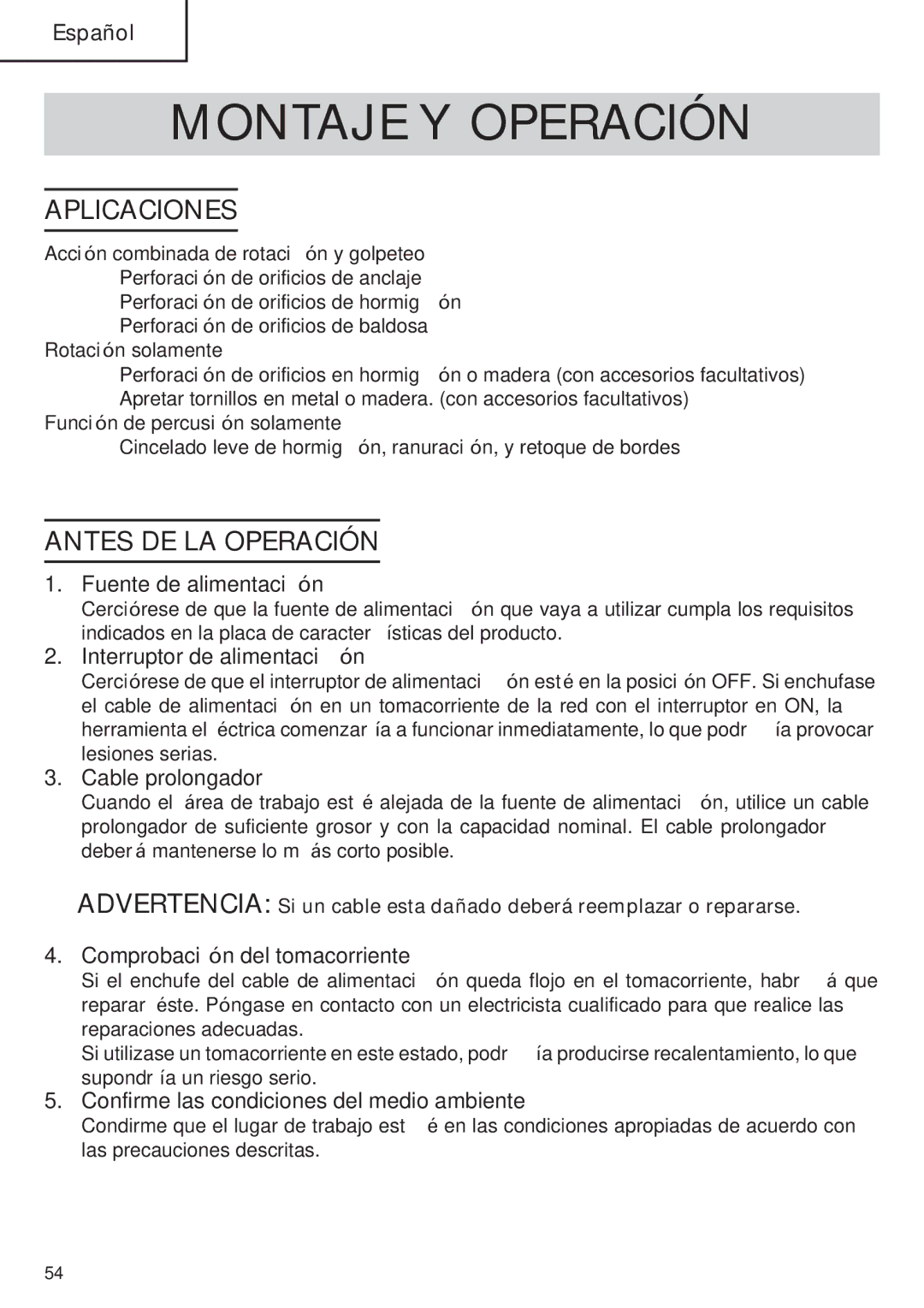 Hitachi Koki USA DH 24PE instruction manual Montaje Y Operación, Aplicaciones, Antes DE LA Operación 