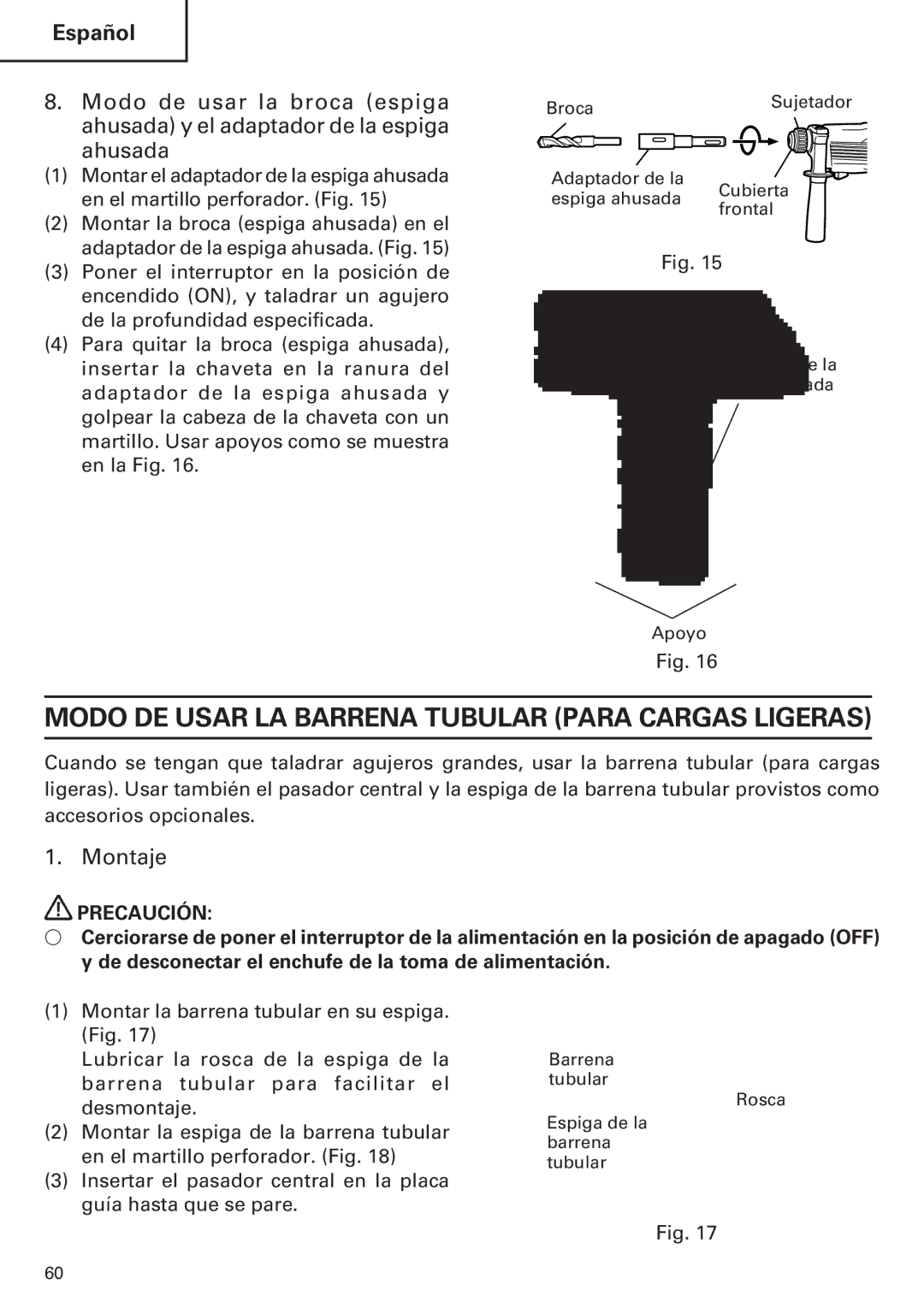 Hitachi Koki USA DH 24PE instruction manual Modo DE Usar LA Barrena Tubular Para Cargas Ligeras, Montaje 