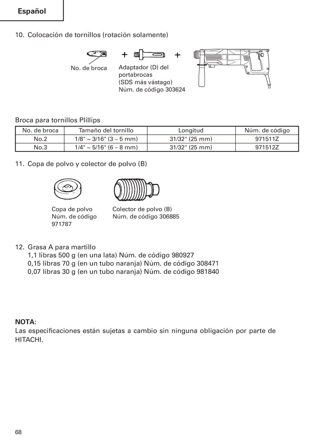 Hitachi Koki USA DH 24PE instruction manual Colocación de tornillos rotación solamente, Broca para tornillos Plillips 