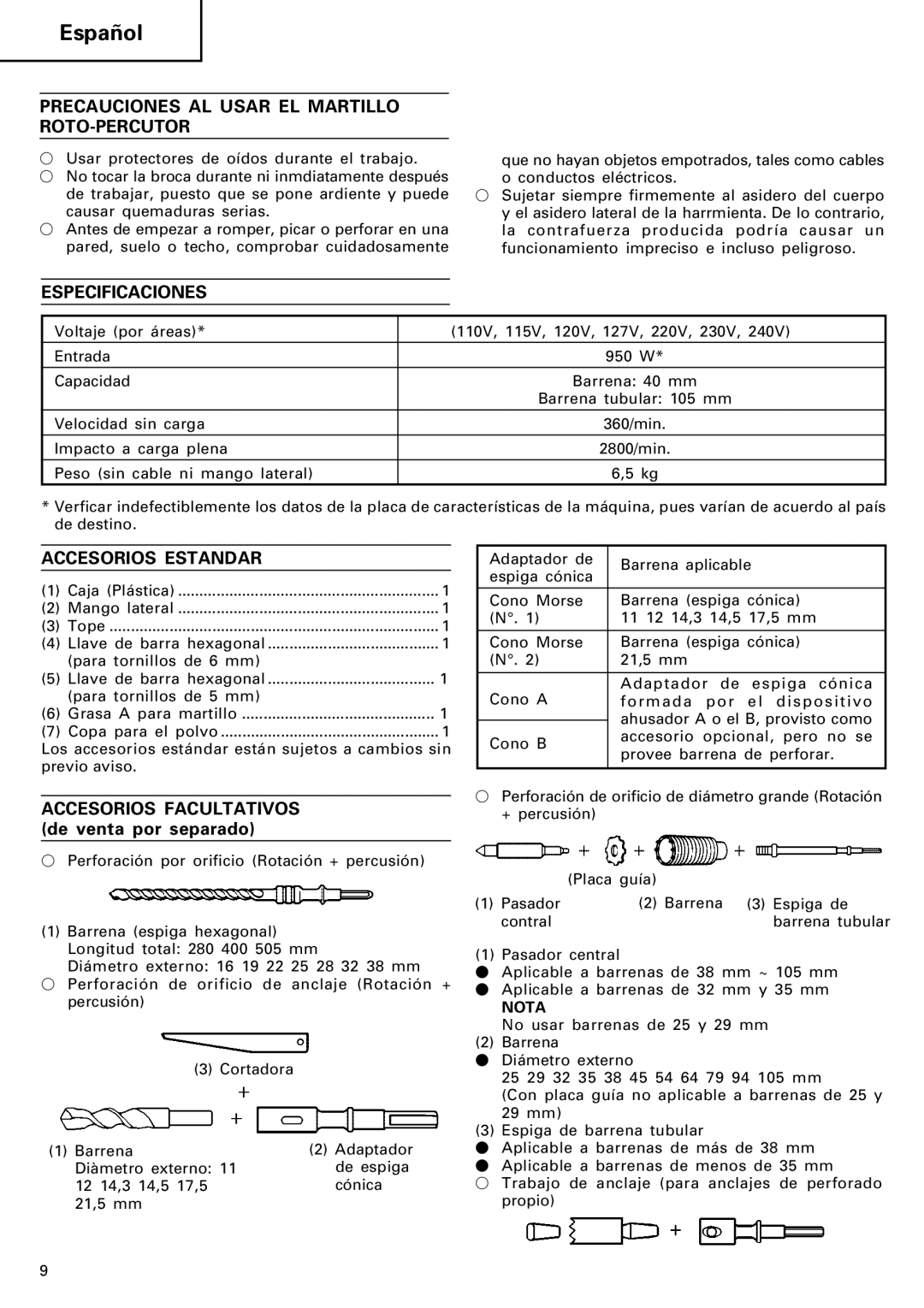 Hitachi Koki USA DH 40SA manual Precauciones AL Usar EL Martillo ROTO-PERCUTOR, Especificaciones, Accesorios Estandar 