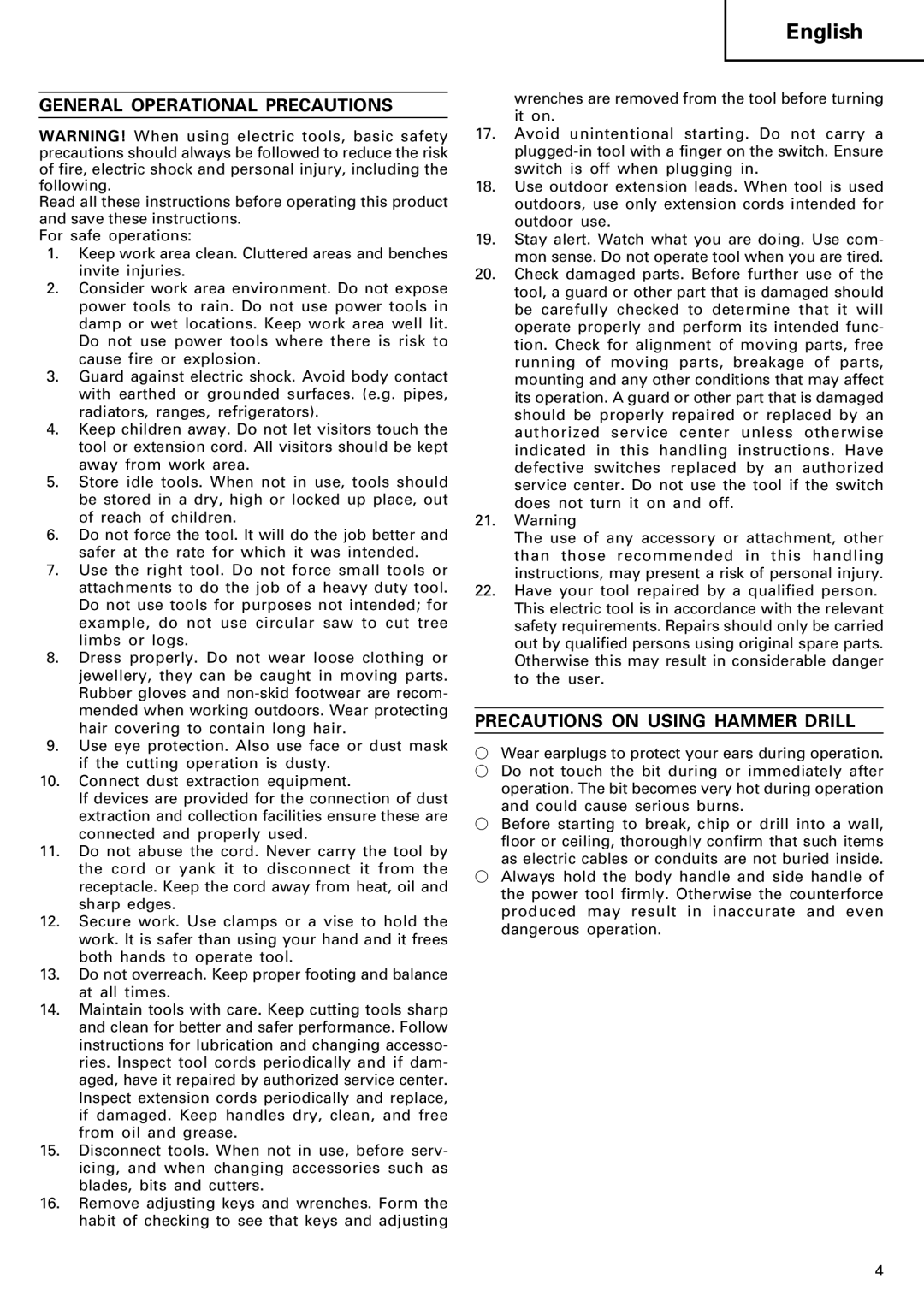 Hitachi Koki USA DH 40SA manual General Operational Precautions, Precautions on Using Hammer Drill 