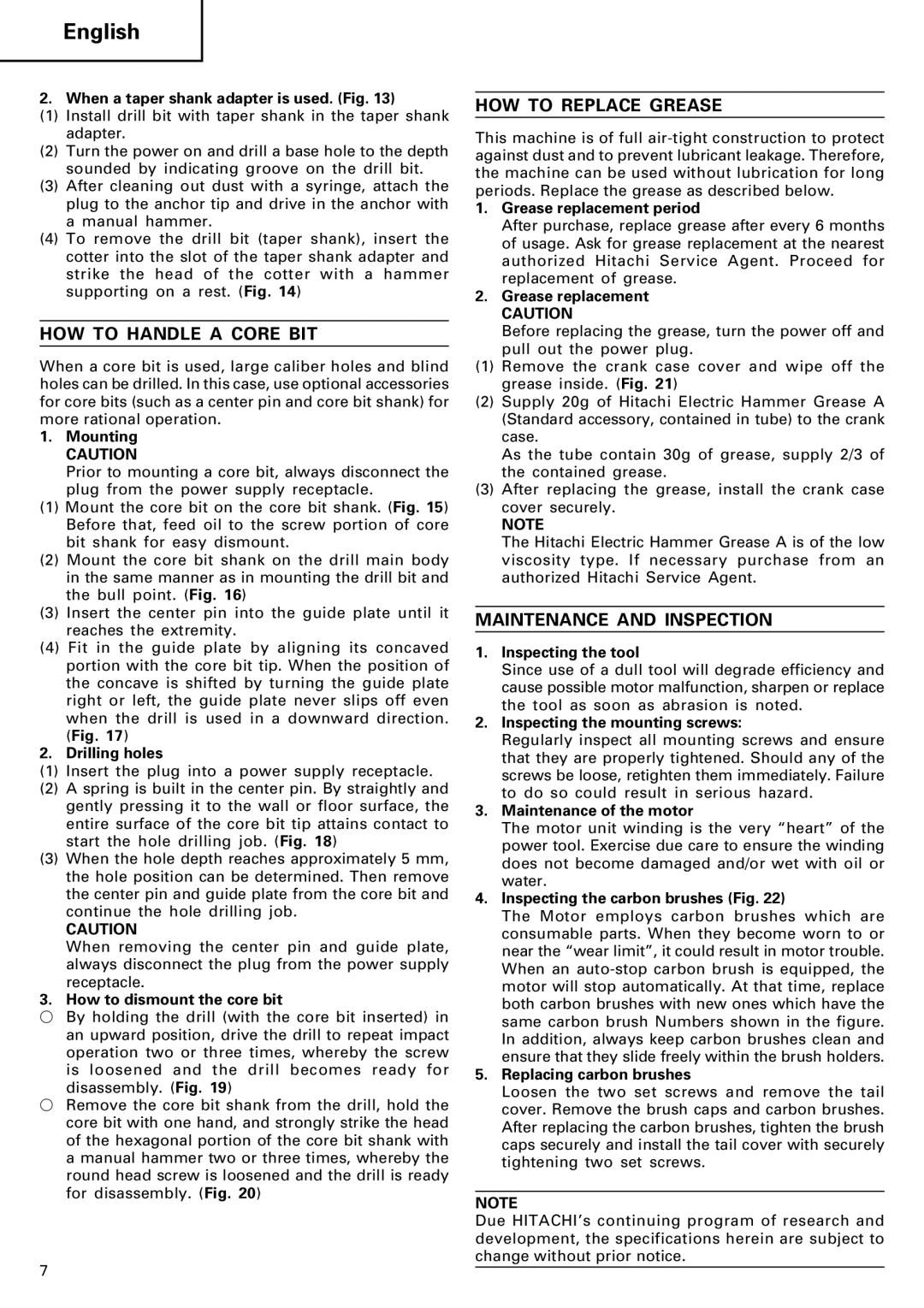 Hitachi Koki USA DH 40SA manual HOW to Handle a Core BIT, HOW to Replace Grease, Maintenance and Inspection 