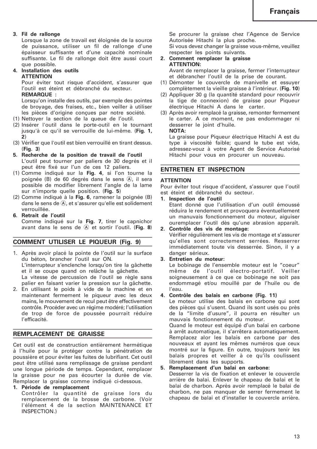 Hitachi Koki USA H 30PV Comment Utiliser LE Piqueur Fig, Remplacement DE Graisse, Entretien ET Inspection, Remarque, Nota 