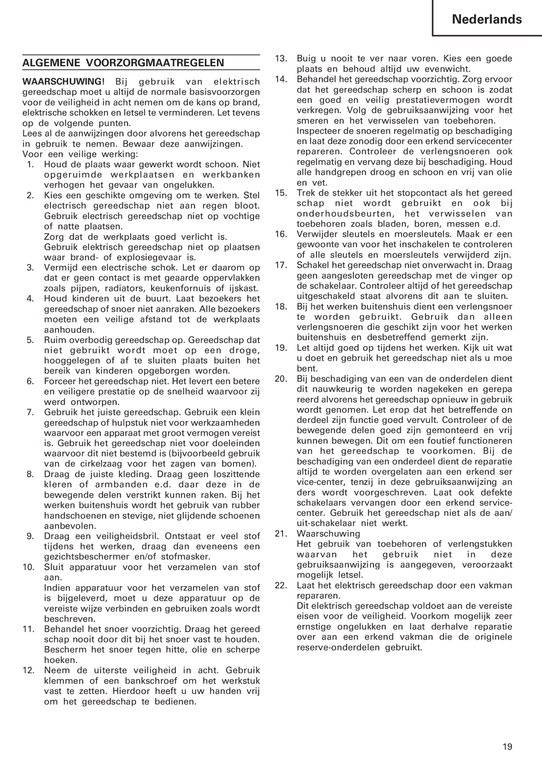 Hitachi Koki USA H 30PV manual Nederlands, Algemene Voorzorgmaatregelen 