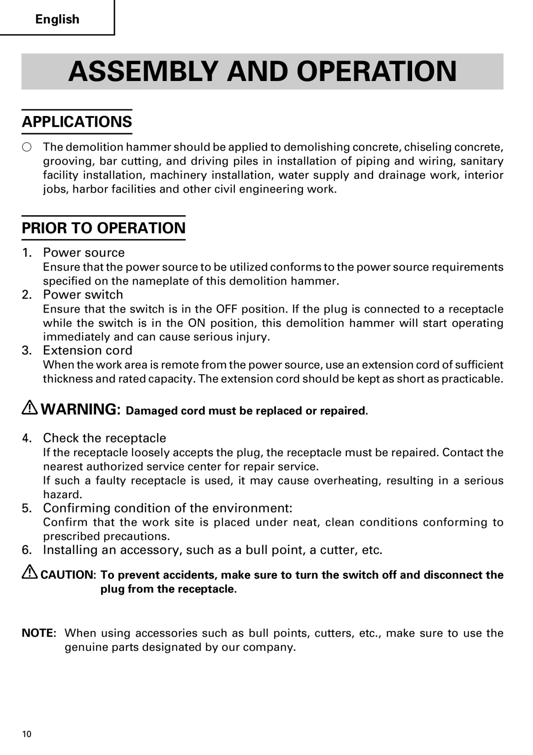 Hitachi Koki USA H 65SD2 instruction manual Assembly and Operation, Applications, Prior to Operation 