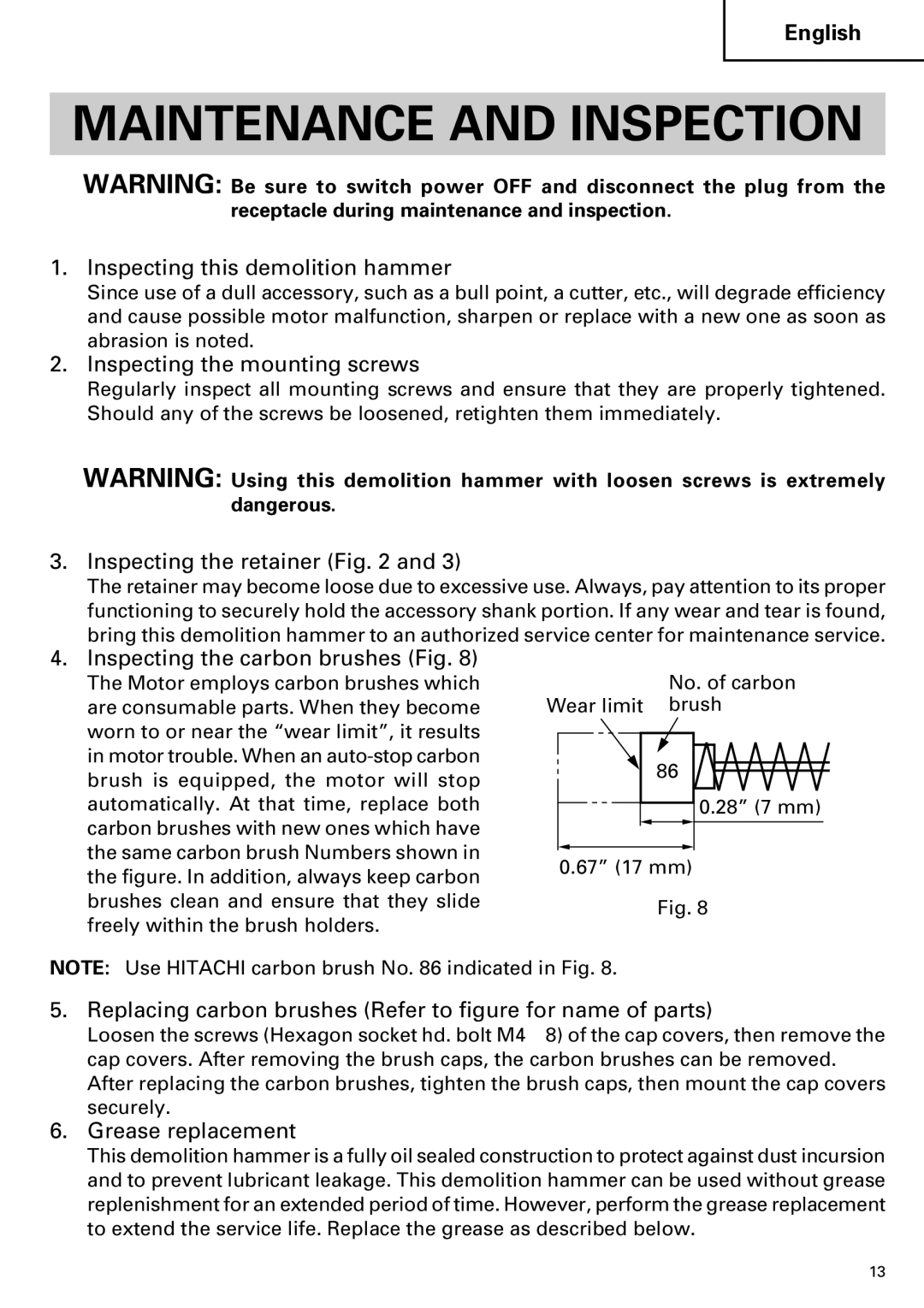 Hitachi Koki USA H 65SD2 instruction manual Maintenance and Inspection 