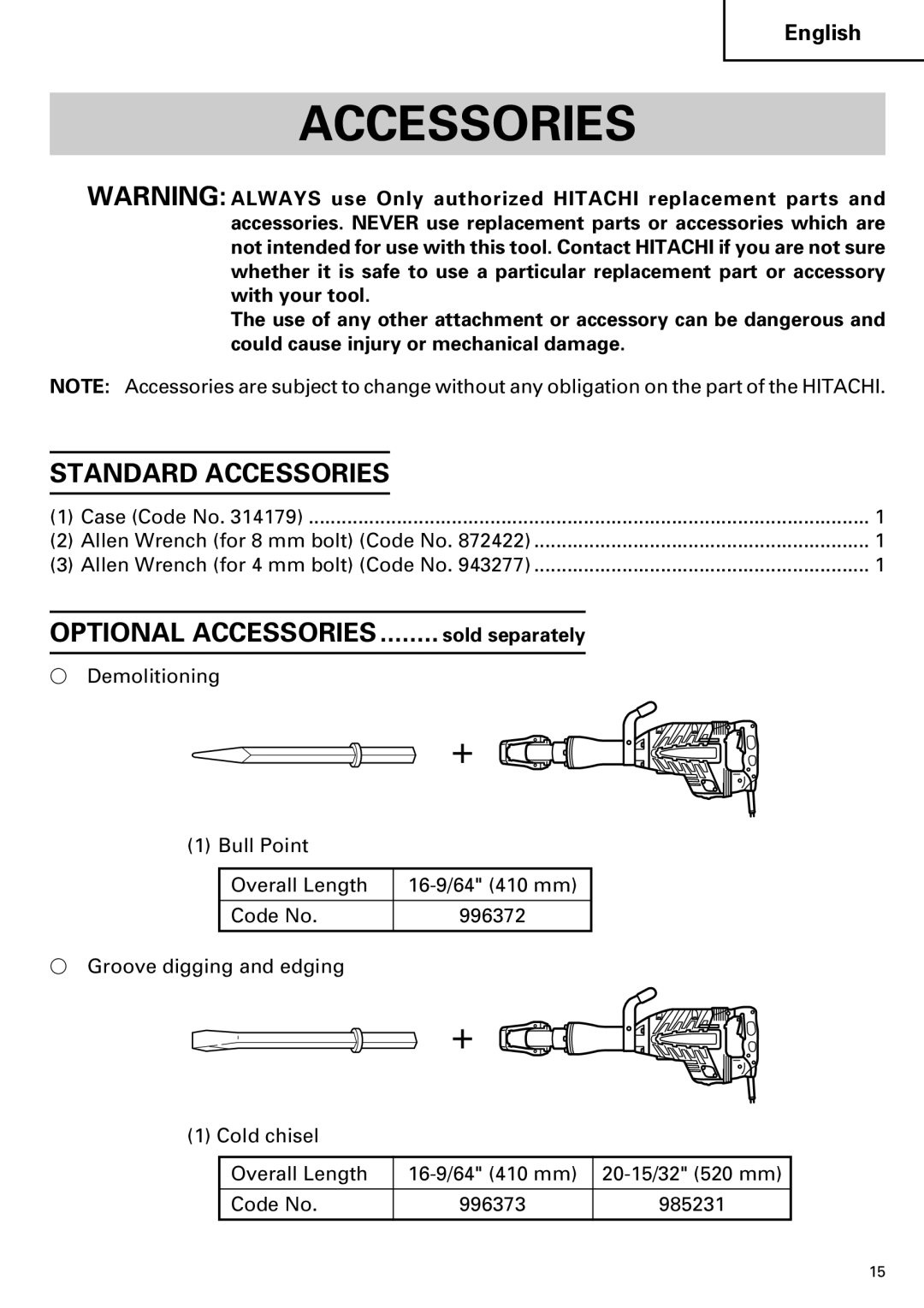 Hitachi Koki USA H 65SD2 instruction manual Standard Accessories, Sold separately 