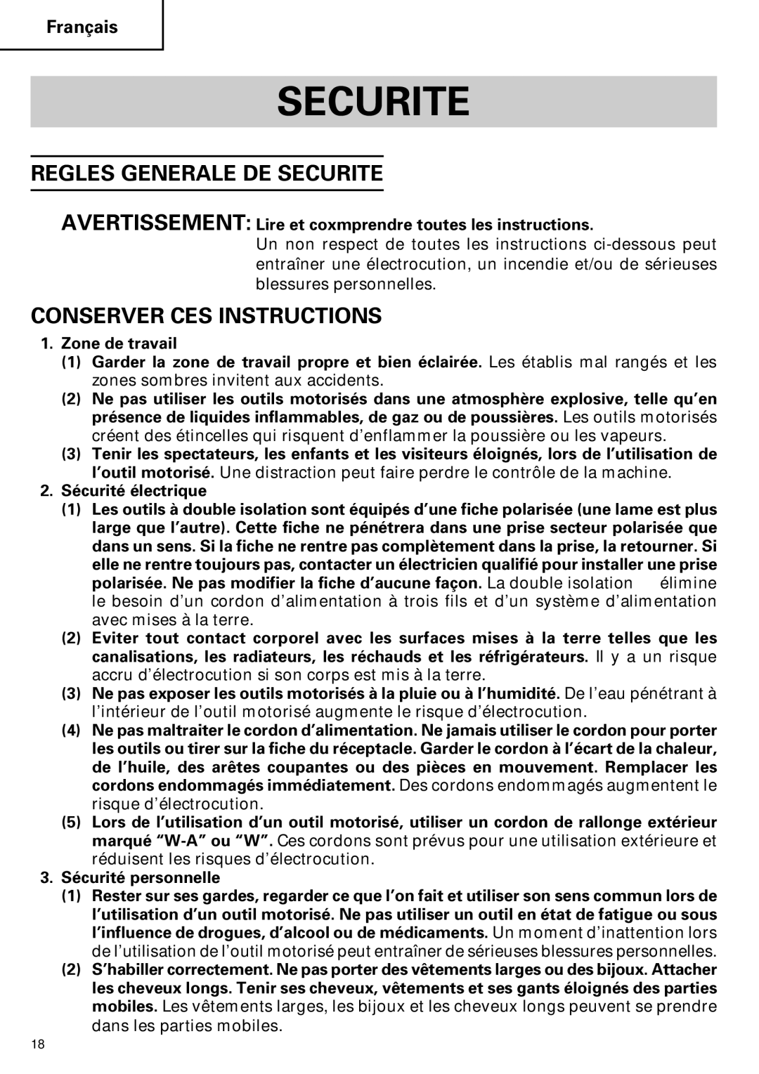 Hitachi Koki USA H 65SD2 instruction manual Regles Generale DE Securite, Conserver CES Instructions 