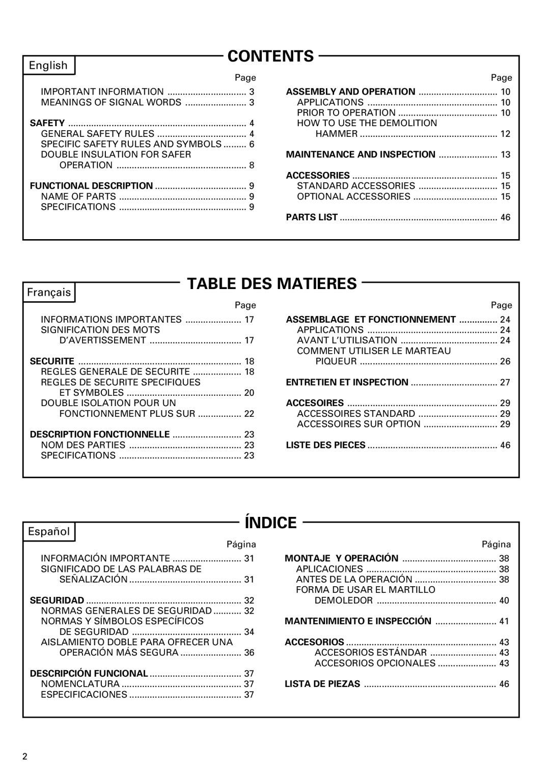 Hitachi Koki USA H 65SD2 instruction manual Contents, Table DES Matieres, Índice 