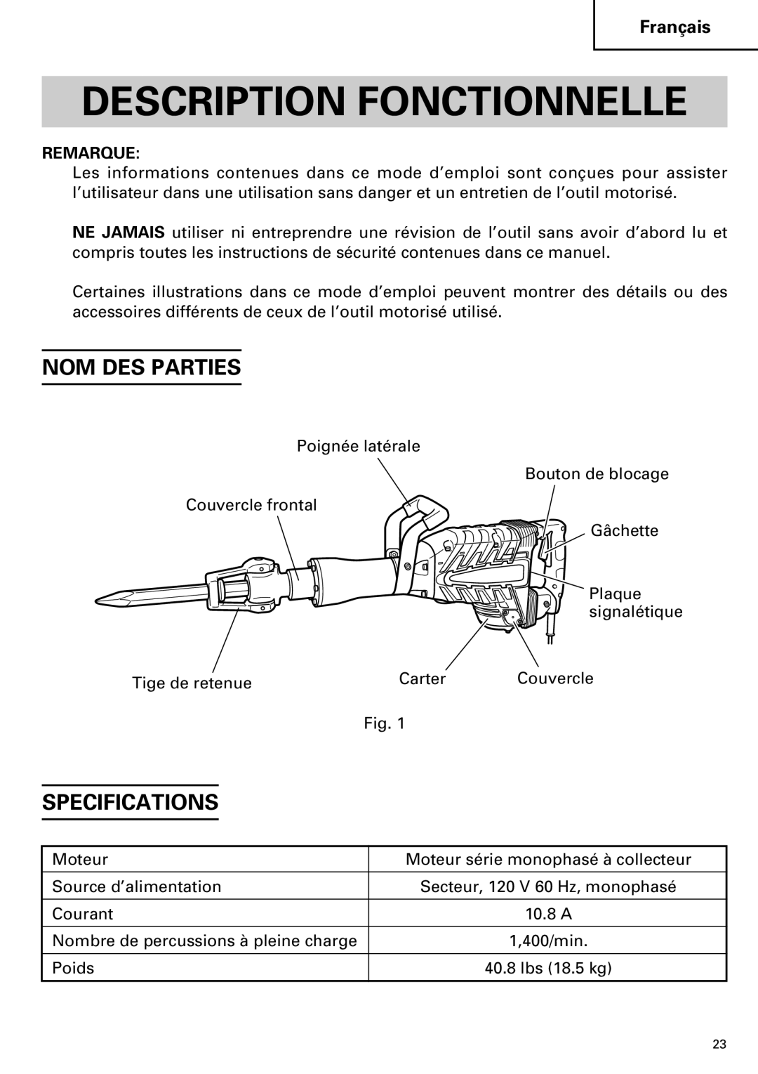 Hitachi Koki USA H 65SD2 instruction manual Description Fonctionnelle, NOM DES Parties 