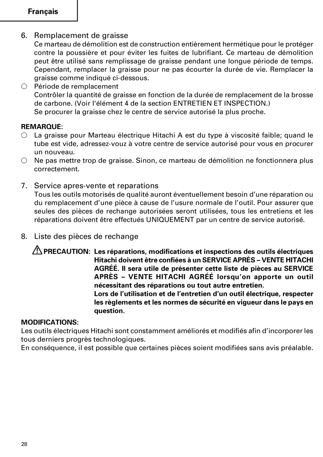 Hitachi Koki USA H 65SD2 Remplacement de graisse, Service apres-vente et reparations, Liste des pièces de rechange 