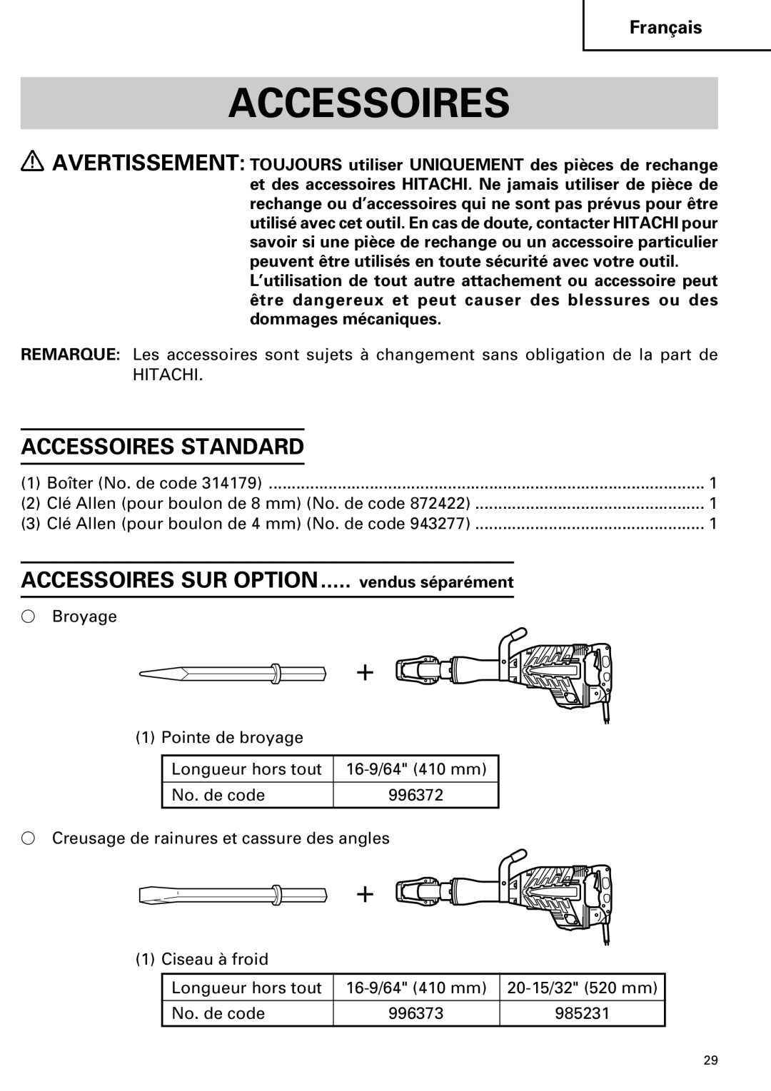 Hitachi Koki USA H 65SD2 instruction manual Accessoires Standard 