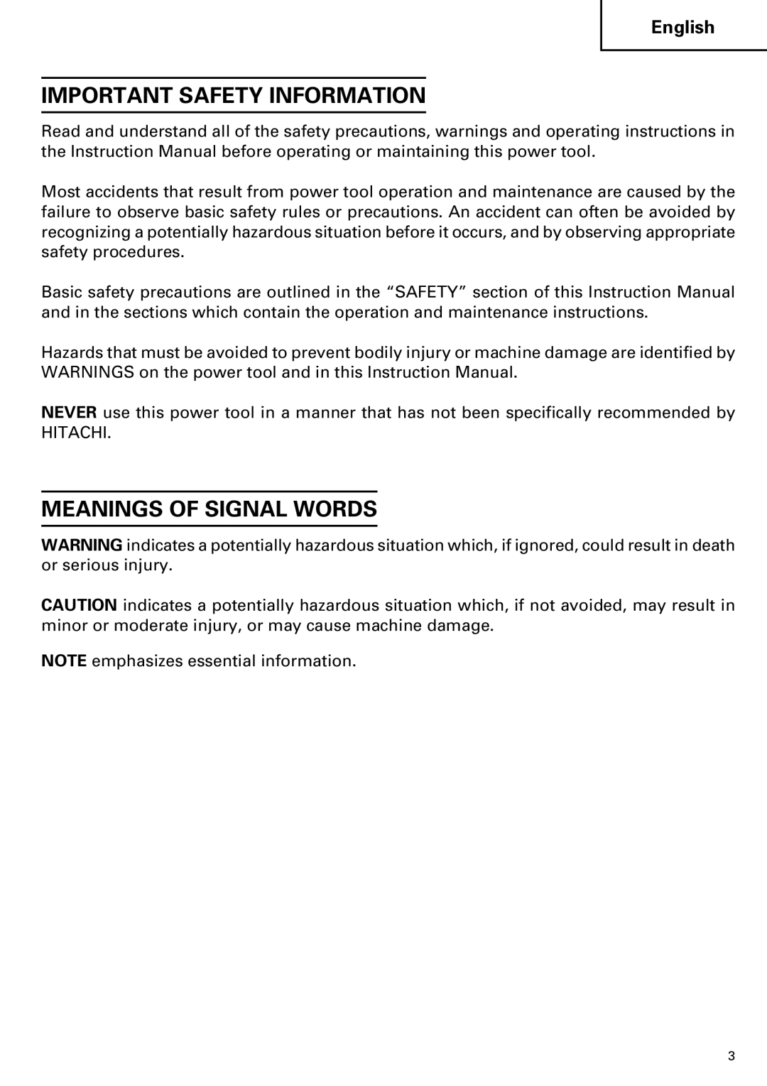 Hitachi Koki USA H 65SD2 instruction manual Important Safety Information, Meanings of Signal Words 