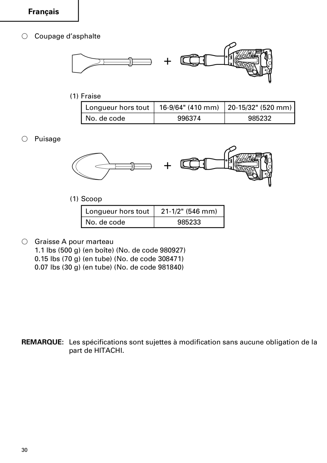 Hitachi Koki USA H 65SD2 instruction manual Français 