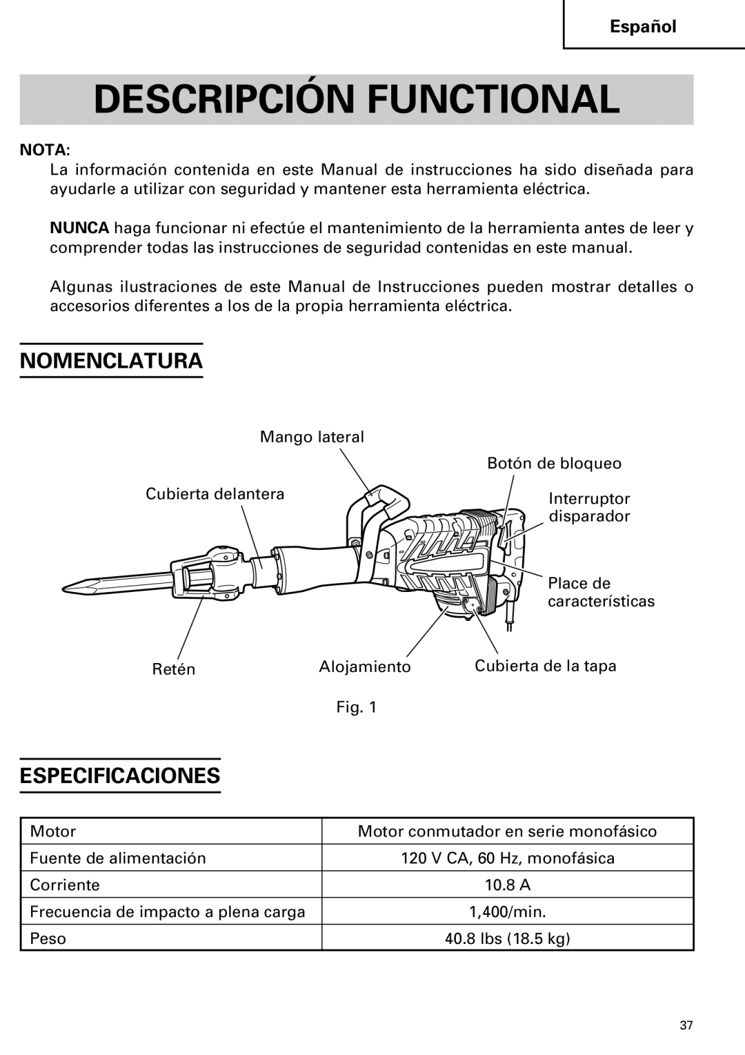 Hitachi Koki USA H 65SD2 instruction manual Descripción Functional, Nomenclatura, Especificaciones 