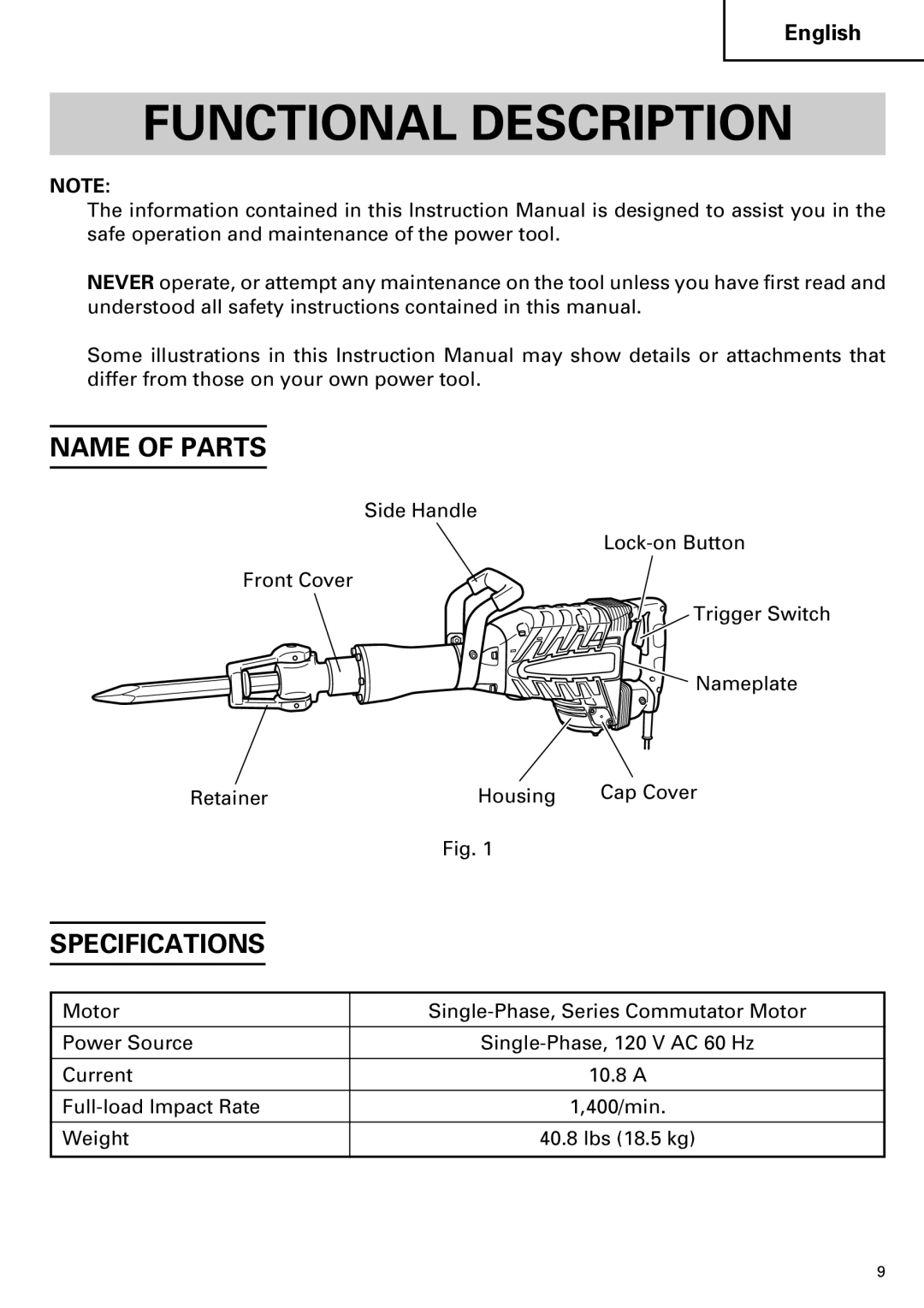 Hitachi Koki USA H 65SD2 instruction manual Functional Description, Name of Parts, Specifications 