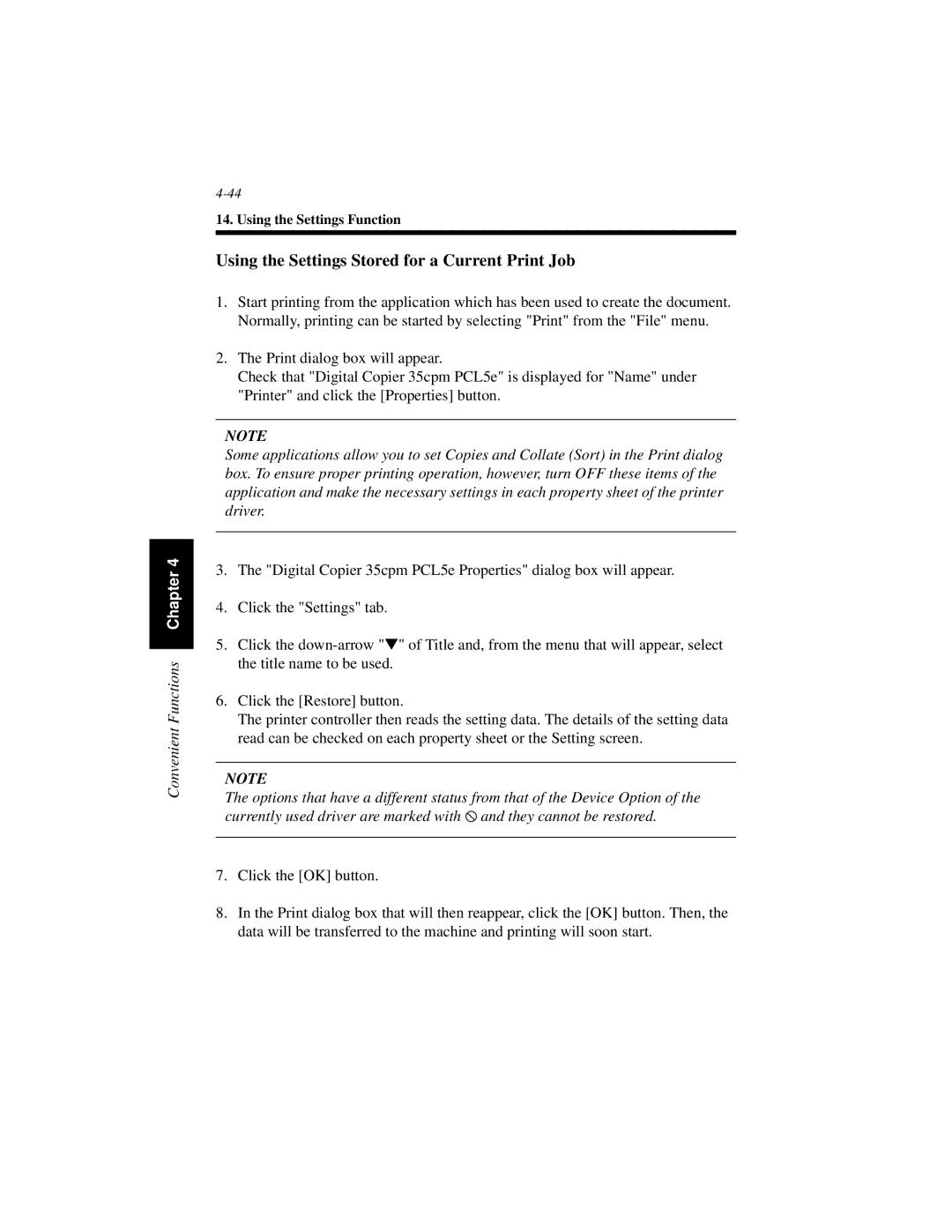 Hitachi Koki USA Hi-35pc user manual Using the Settings Stored for a Current Print Job 