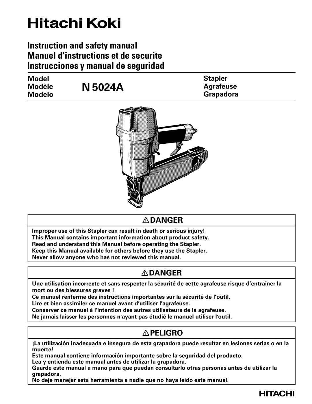 Hitachi Koki USA n 5024a manual 5024A, Peligro 