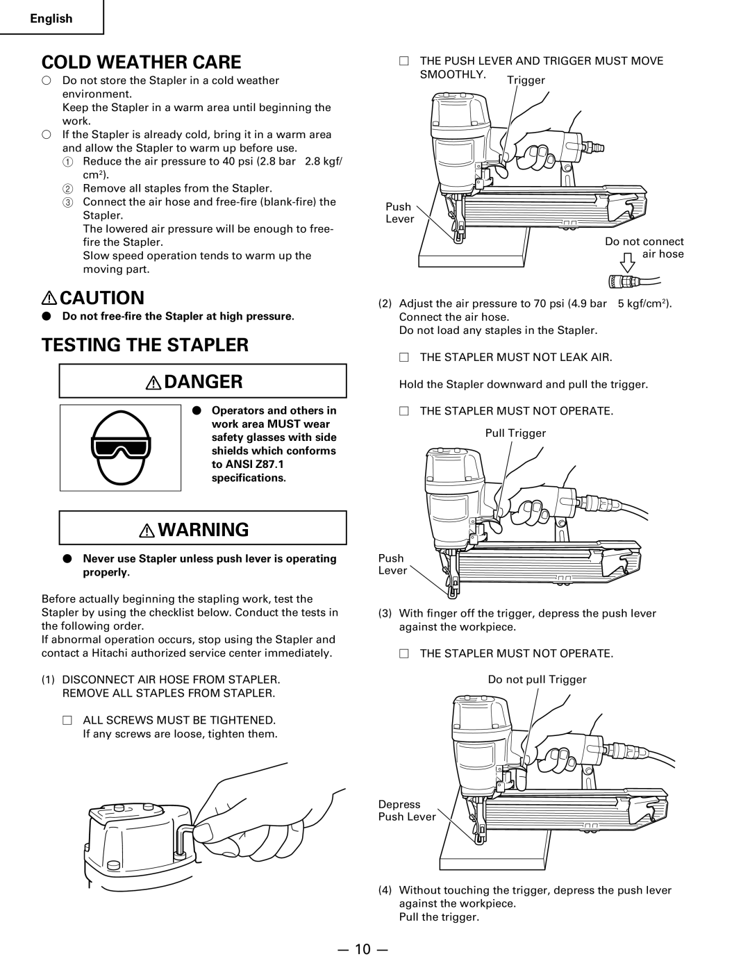 Hitachi Koki USA n 5024a manual Cold Weather Care, Testing the Stapler, Push Lever and Trigger Must Move 