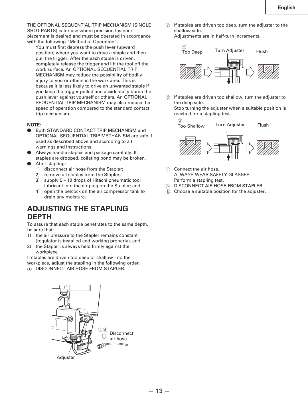 Hitachi Koki USA n 5024a manual Adjusting the Stapling Depth, Disconnect AIR Hose from Stapler, Always Wear Safety Glasses 