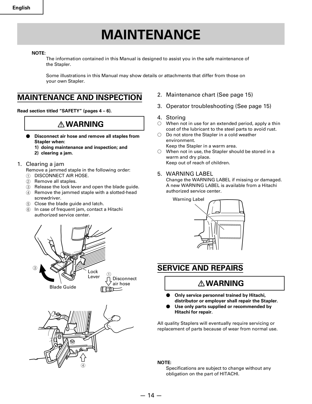 Hitachi Koki USA n 5024a manual Maintenance and Inspection, Service and Repairs, Clearing a jam 