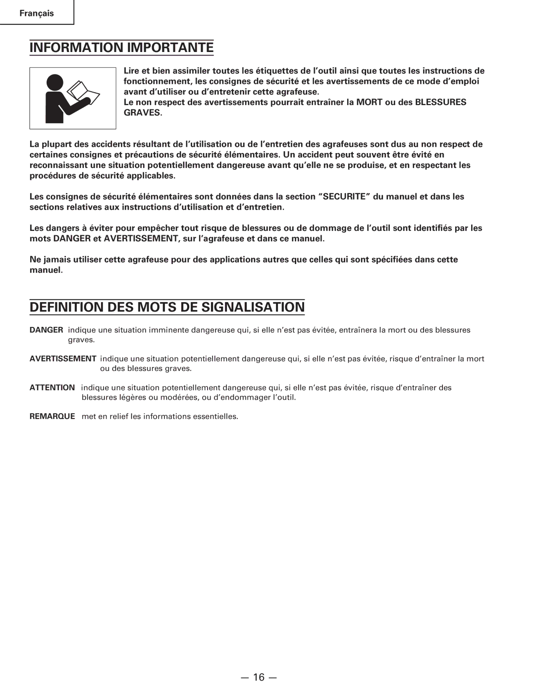 Hitachi Koki USA n 5024a manual Information Importante, Definition DES Mots DE Signalisation 