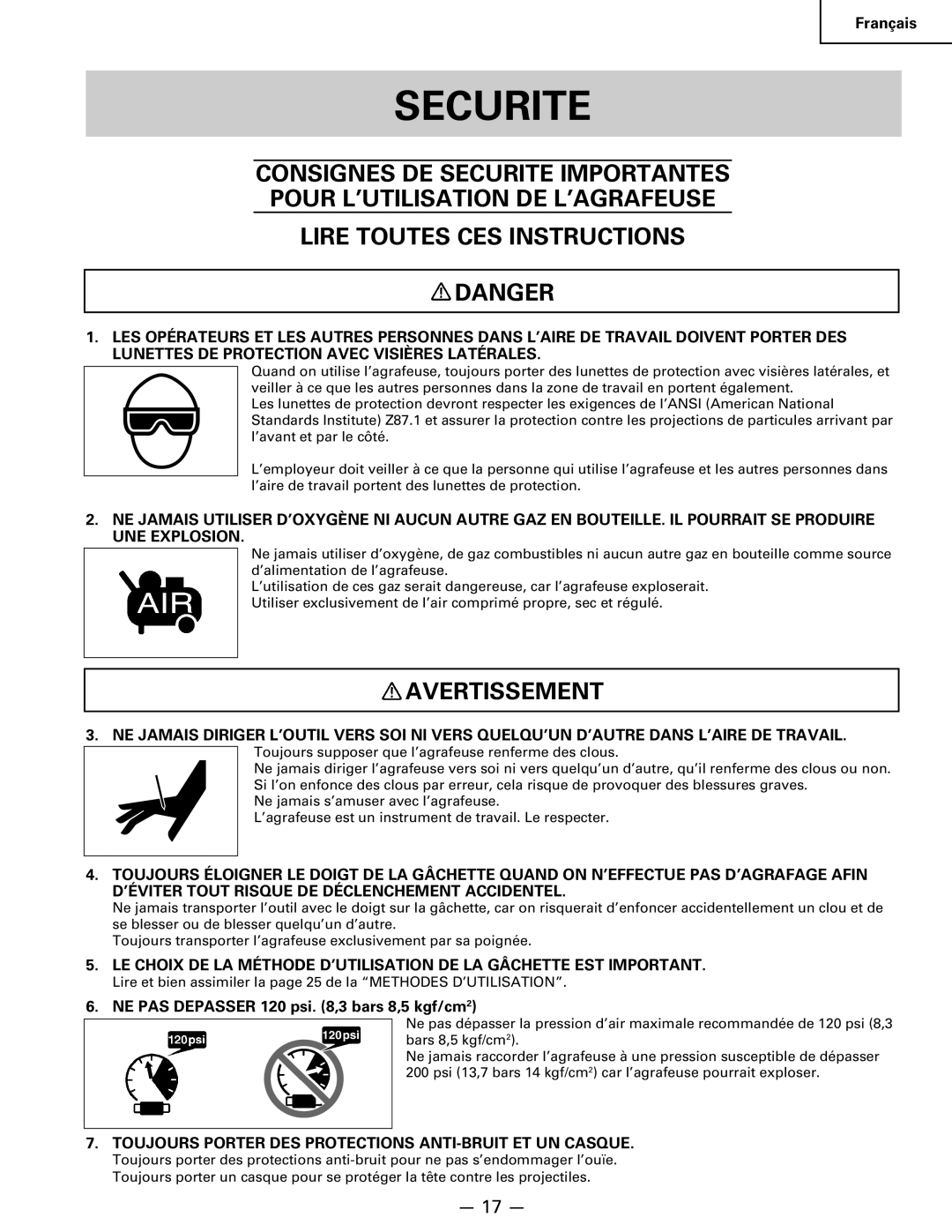 Hitachi Koki USA n 5024a manual Securite, Avertissement, Toujours Porter DES Protections ANTI-BRUIT ET UN Casque 