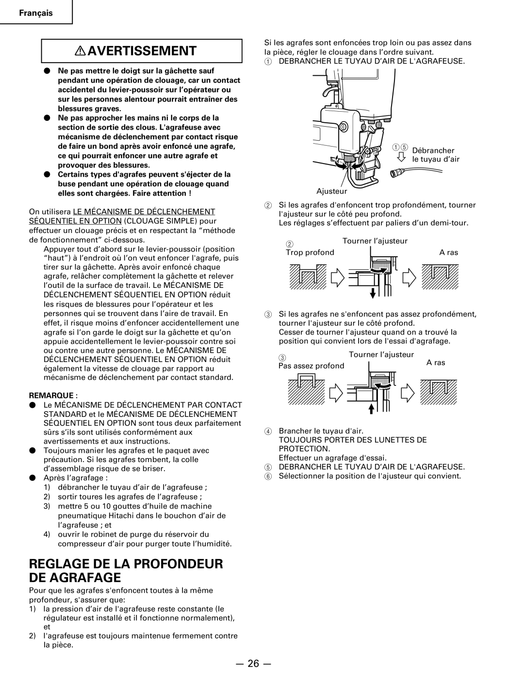 Hitachi Koki USA n 5024a manual Reglage DE LA Profondeur DE Agrafage, Debrancher LE Tuyau D’AIR DE Lagrafeuse 