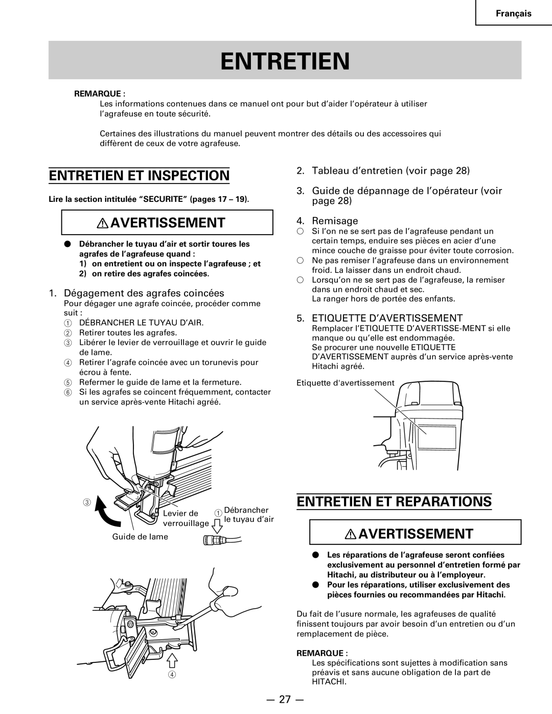 Hitachi Koki USA n 5024a manual Entretien ET Inspection, Entretien ET Reparations Avertissement 