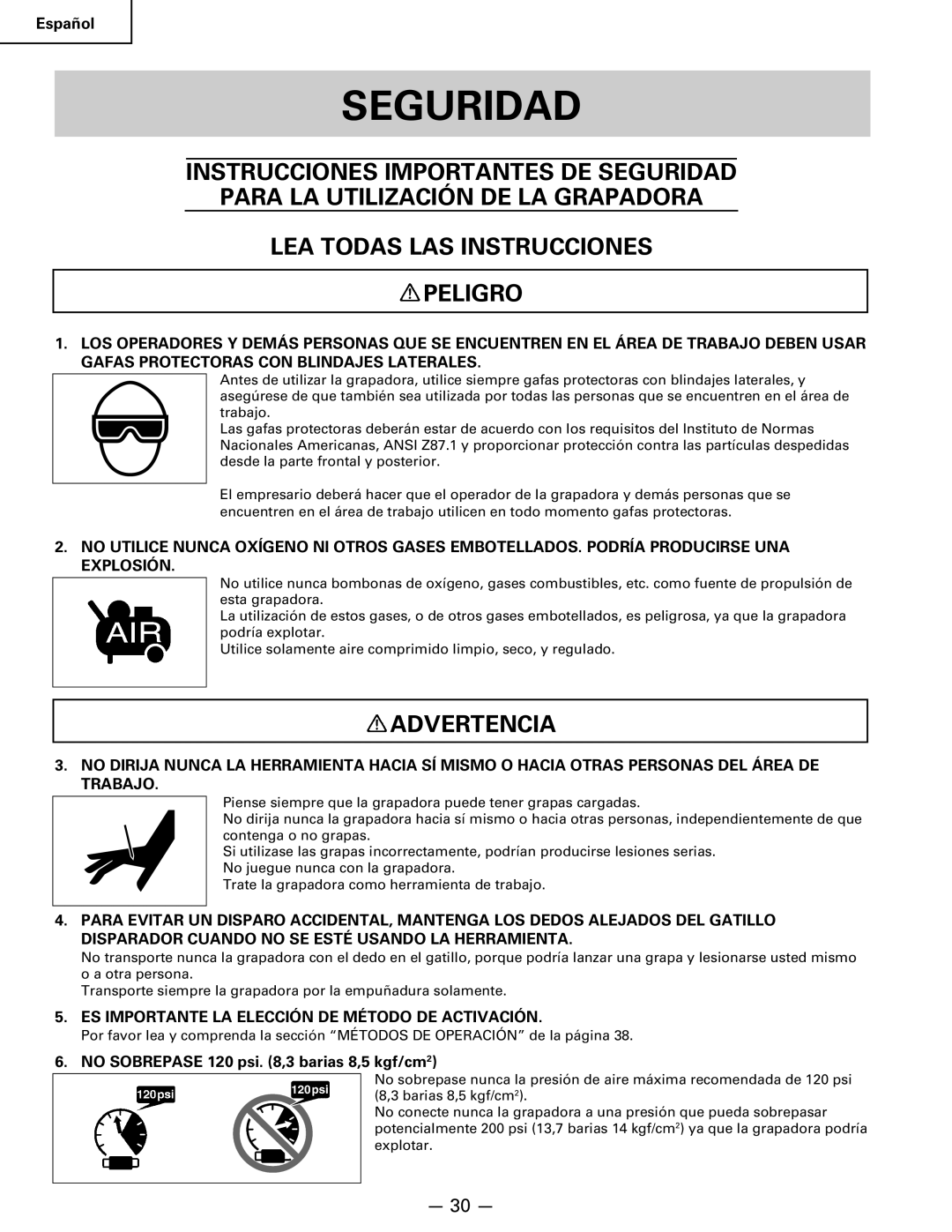 Hitachi Koki USA n 5024a manual Seguridad, Advertencia, ES Importante LA Elección DE Método DE Activación 