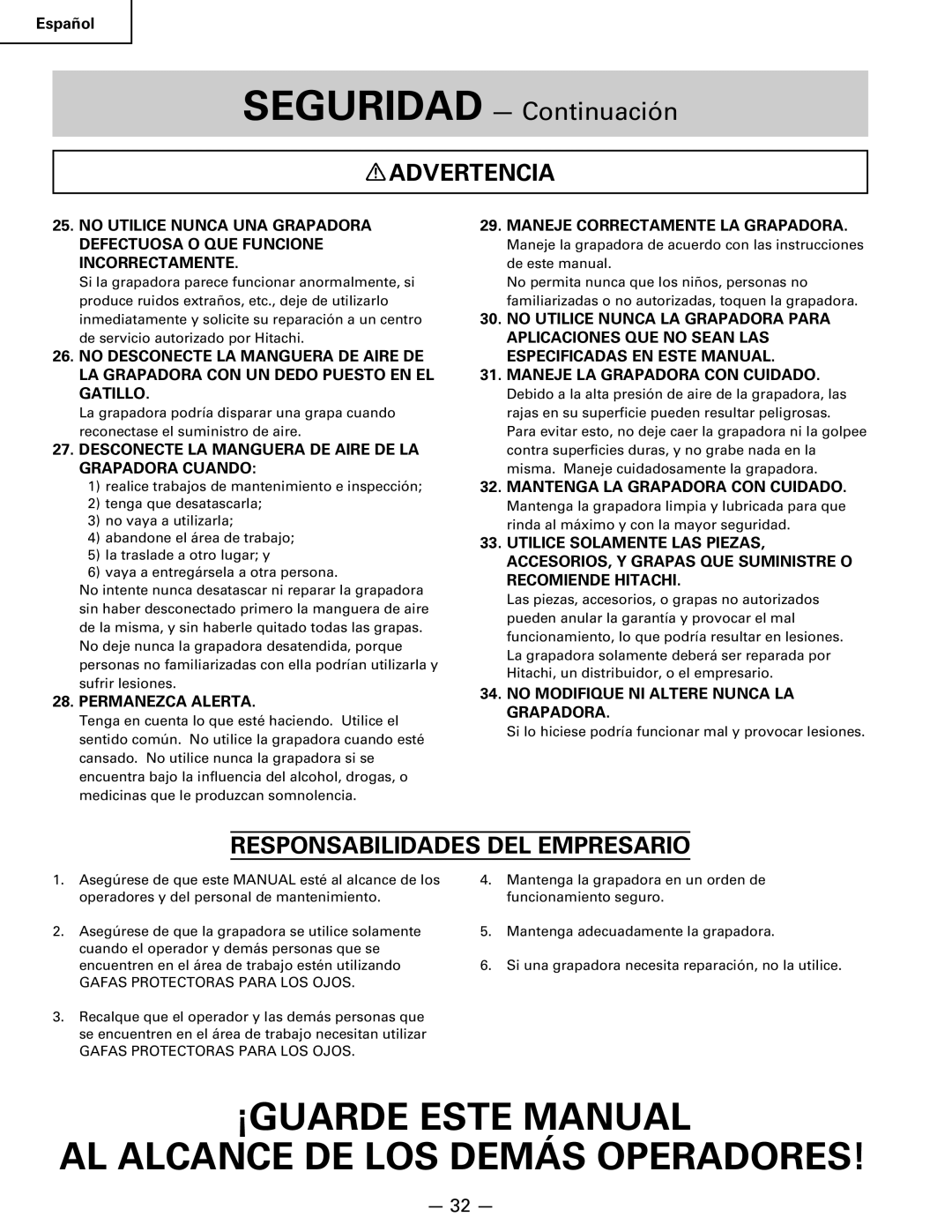 Hitachi Koki USA n 5024a manual Responsabilidades DEL Empresario 