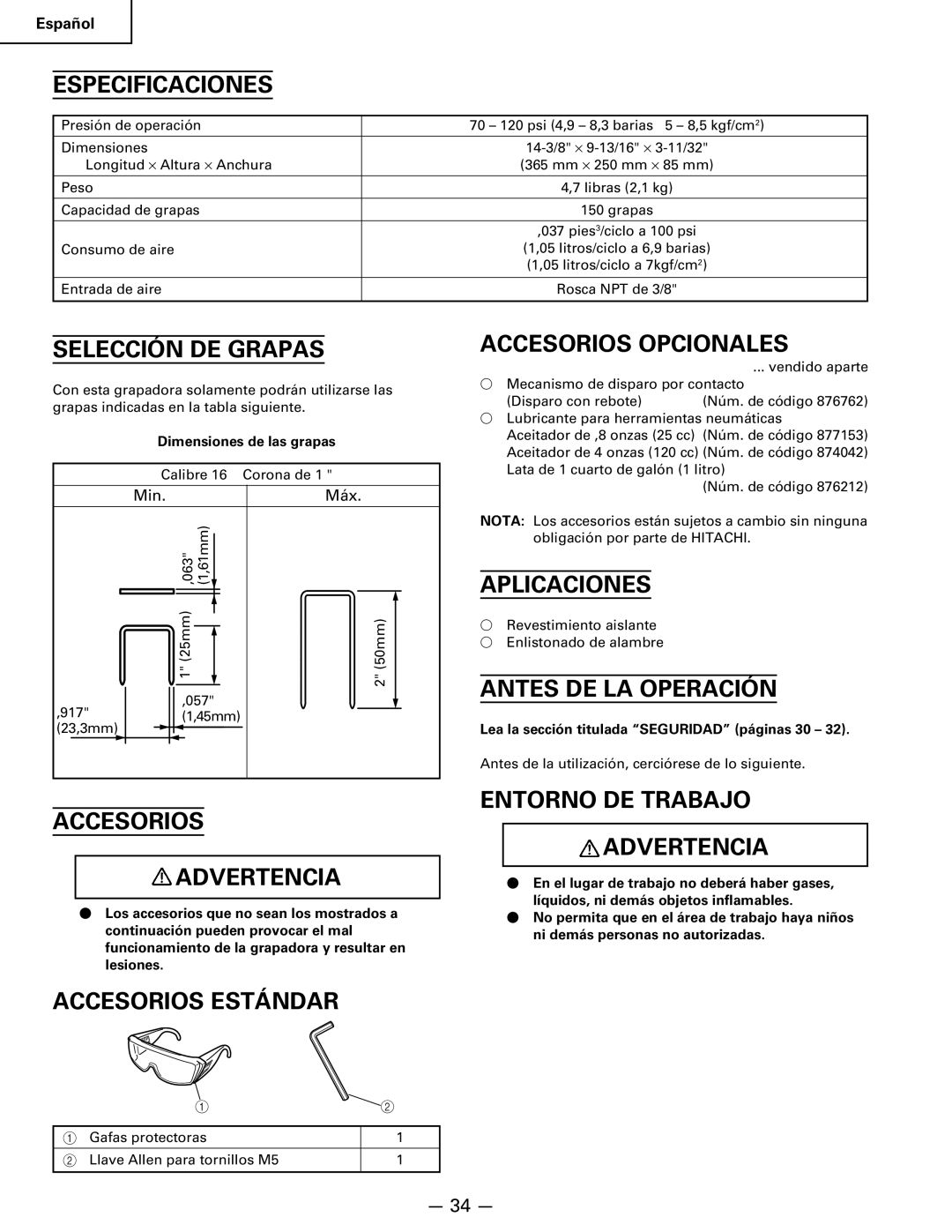 Hitachi Koki USA n 5024a manual Especificaciones, Selección DE Grapas, Accesorios Advertencia, Accesorios Opcionales 