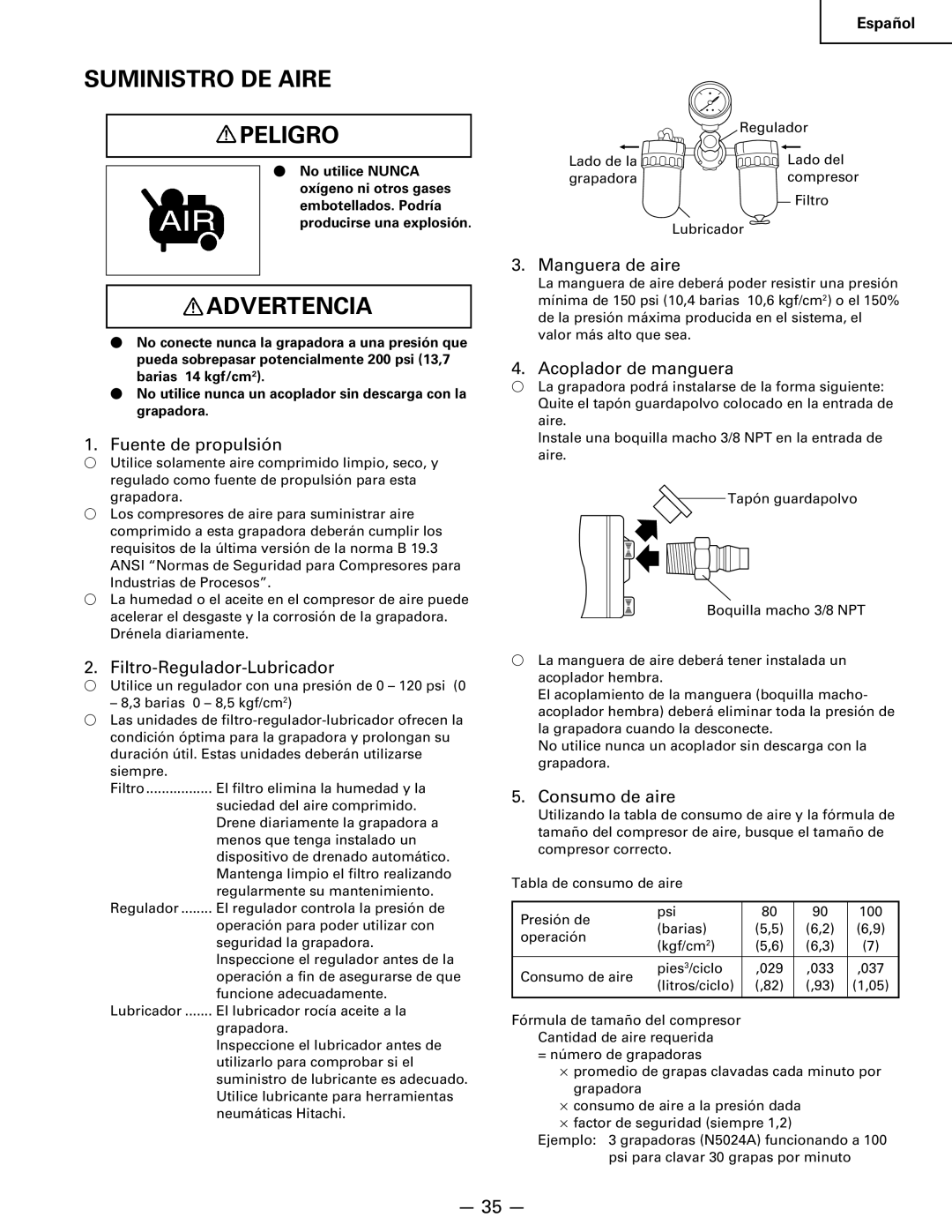 Hitachi Koki USA n 5024a manual Suministro DE Aire Peligro 