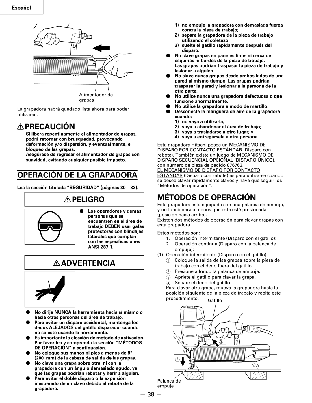 Hitachi Koki USA n 5024a manual Operación DE LA Grapadora, Métodos DE Operación, EL Mecanismo DE Disparo POR Contacto 