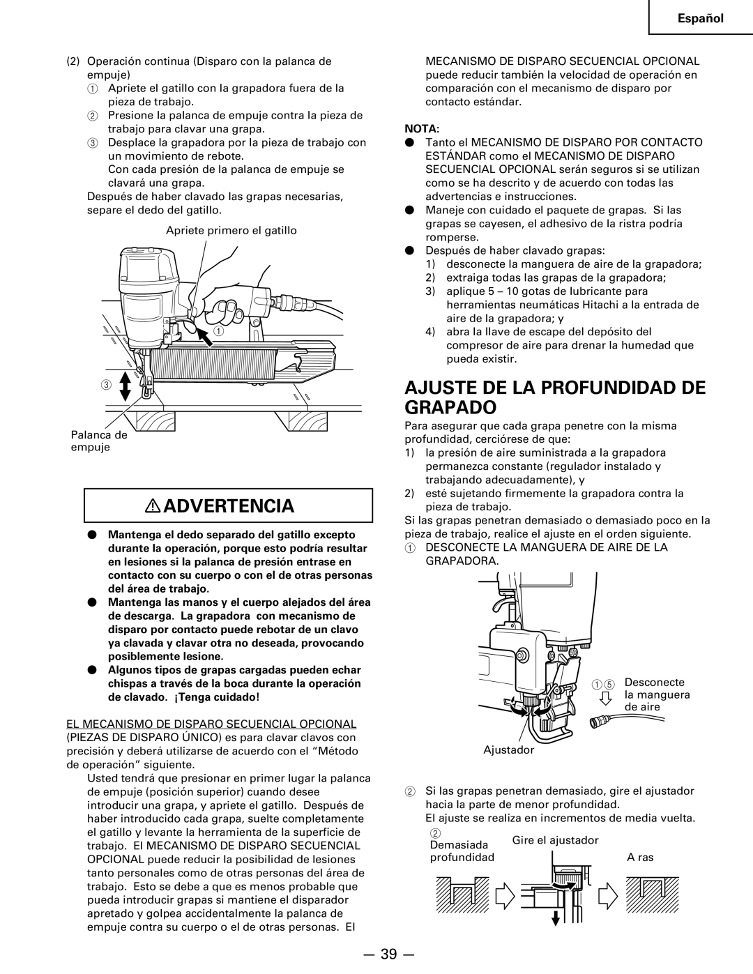 Hitachi Koki USA n 5024a manual Ajuste DE LA Profundidad DE Grapado, Desconecte LA Manguera DE Aire DE LA Grapadora 