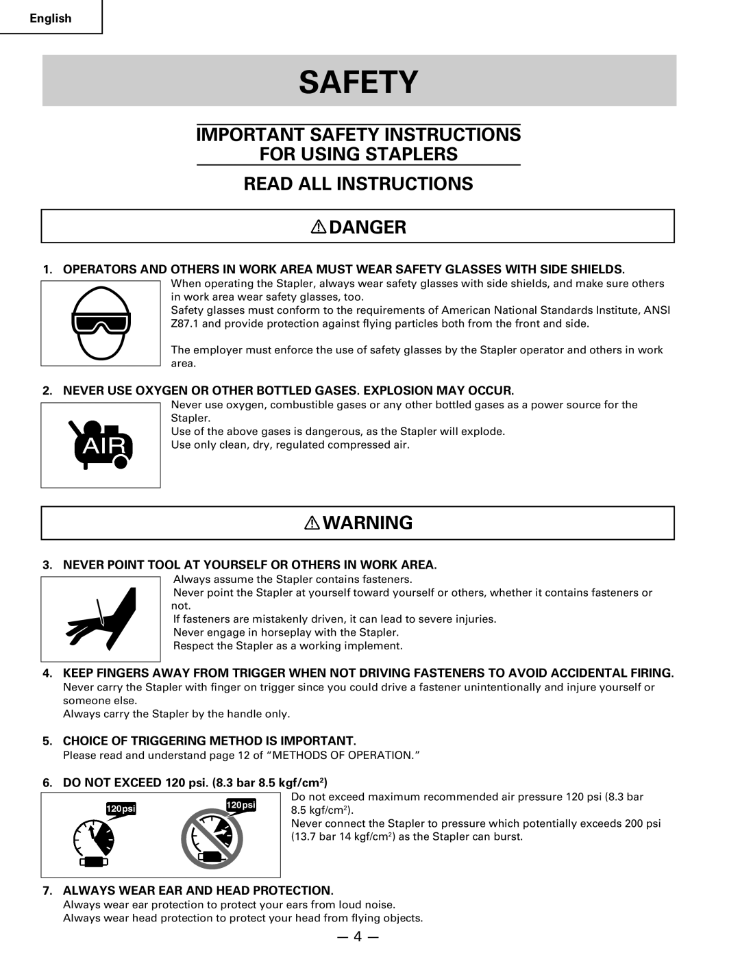 Hitachi Koki USA n 5024a Safety, Never Point Tool AT Yourself or Others in Work Area, Always Wear EAR and Head Protection 