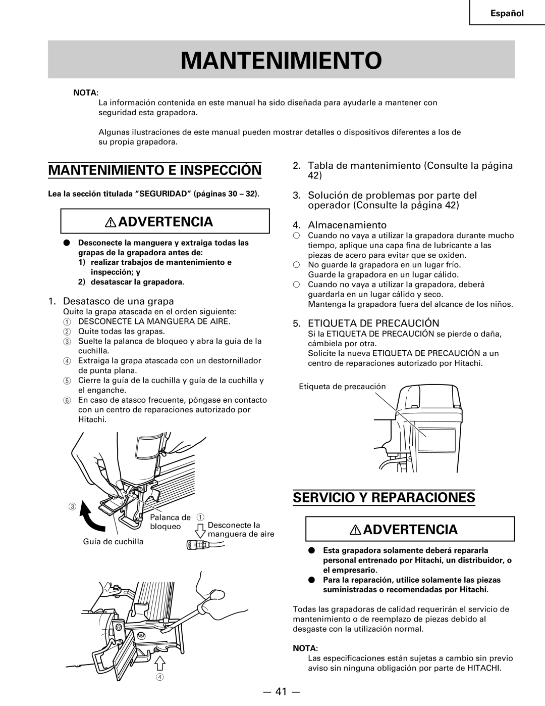 Hitachi Koki USA n 5024a manual Mantenimiento E Inspección, Servicio Y Reparaciones Advertencia, Desatasco de una grapa 