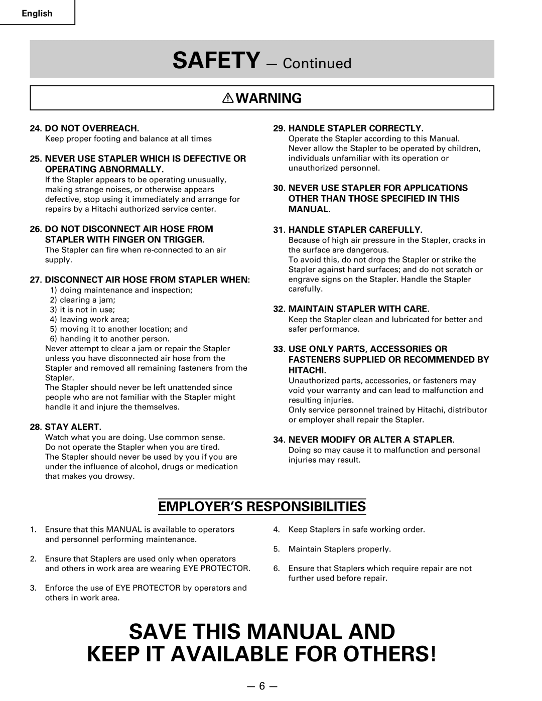 Hitachi Koki USA n 5024a manual EMPLOYER’S Responsibilities 