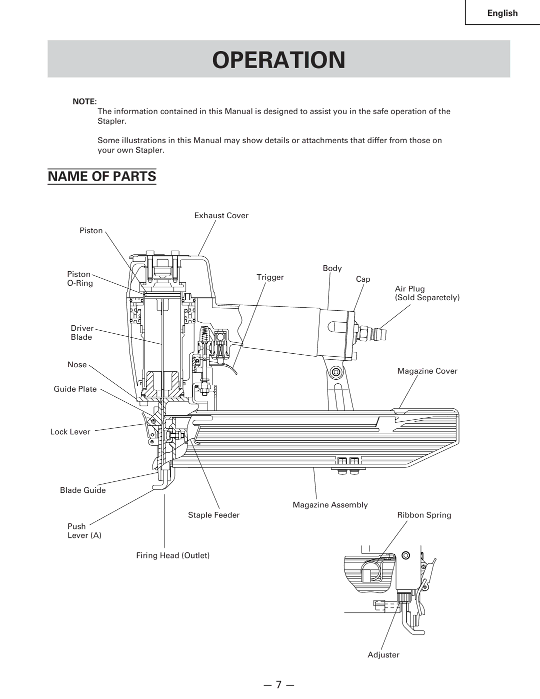 Hitachi Koki USA n 5024a manual Operation, Name of Parts 