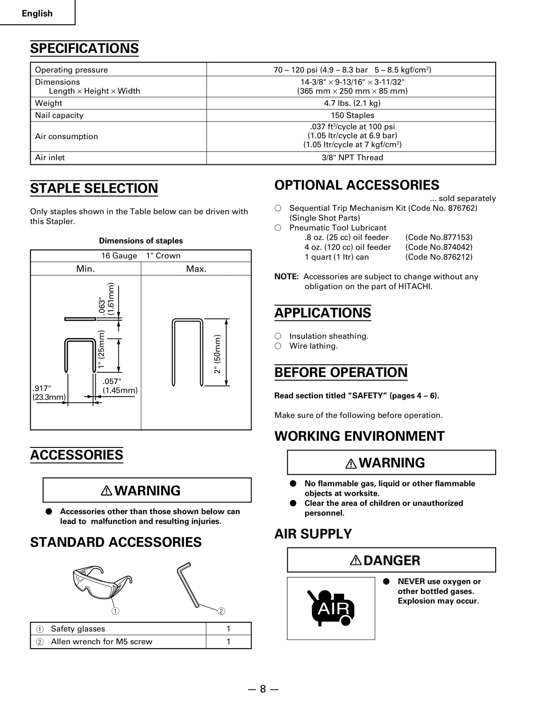 Hitachi Koki USA n 5024a manual Specifications, Staple Selection, Optional Accessories, Applications, Before Operation 